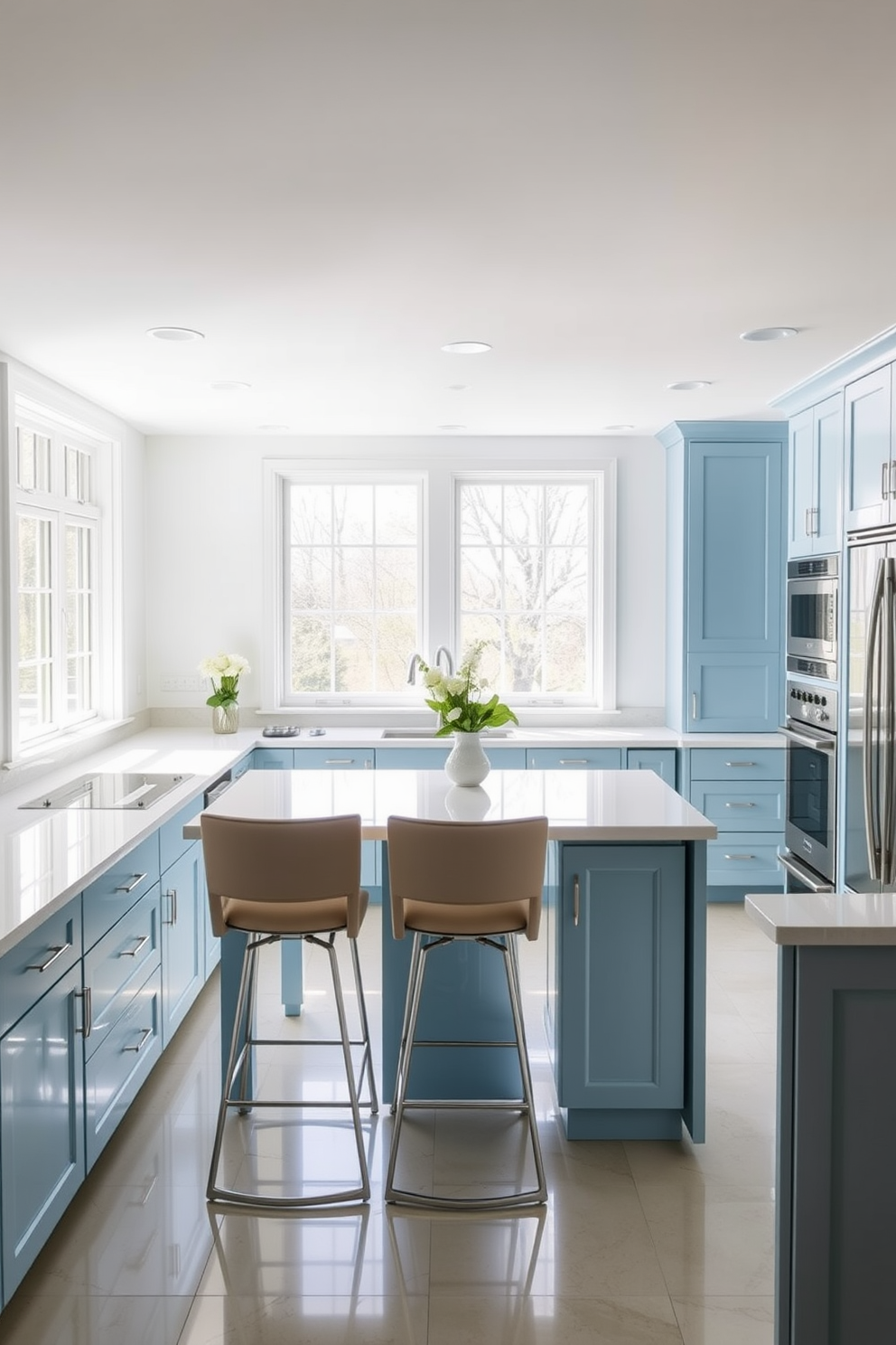 A serene kitchen space featuring soft blue walls that create a calming atmosphere. The walls are adorned with vibrant and colorful artwork that adds a lively touch to the design. The kitchen showcases sleek cabinetry in white with gold hardware that complements the blue tones. An island in the center provides additional counter space and is topped with a light-colored countertop, enhancing the overall brightness of the room.