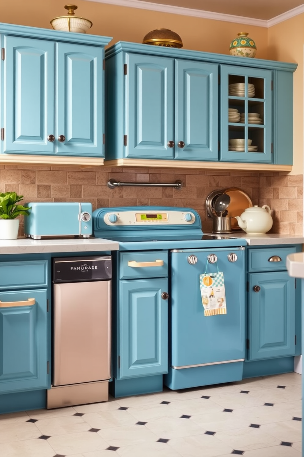 A minimalist kitchen featuring vibrant blue accents. The cabinetry is sleek and white, with blue handles and decorative elements that pop against the neutral backdrop.