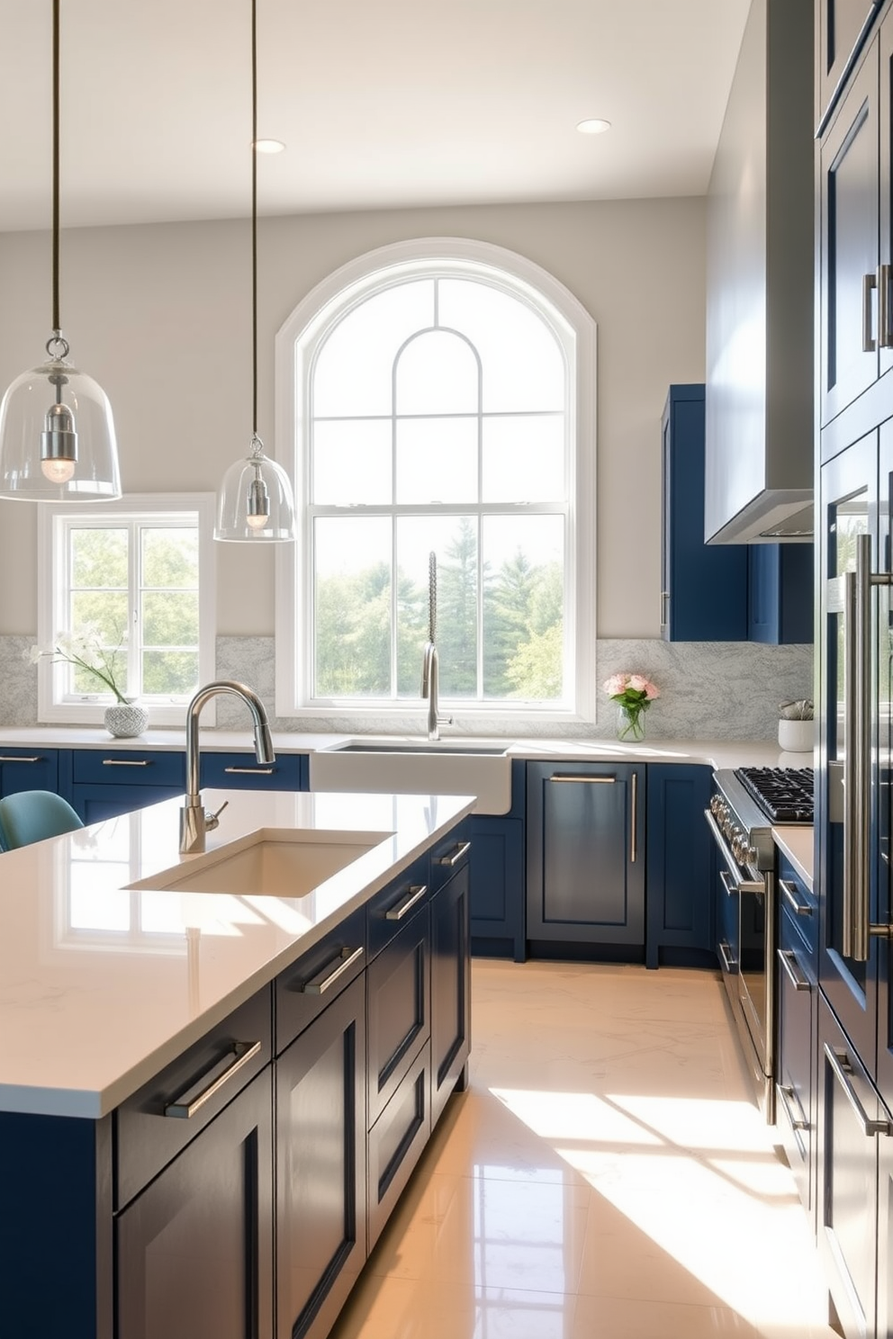 A modern kitchen featuring sleek navy cabinets with glass fronts that showcase elegant dishware. The countertops are made of white quartz, providing a striking contrast to the deep blue cabinetry. The kitchen island is topped with a stylish pendant light that adds warmth to the space. Stainless steel appliances complement the design, enhancing the contemporary feel of the room.