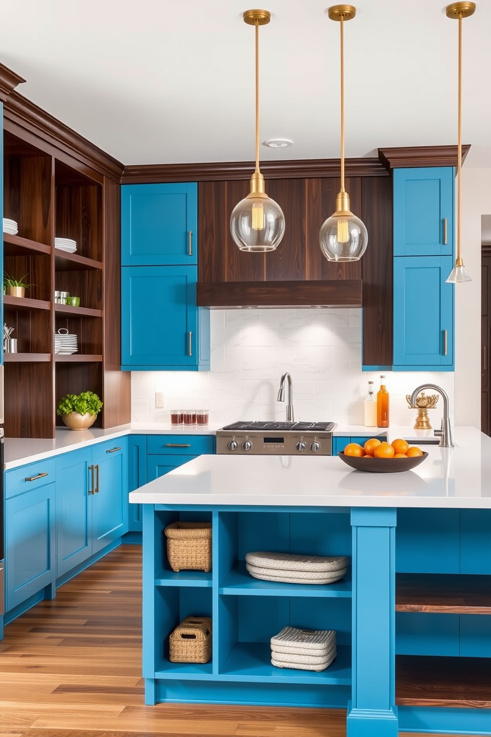 A bright sky blue kitchen with dark wood tones creates a striking contrast. The cabinetry is a vibrant sky blue, complemented by rich dark wood accents on the island and shelving. The countertops are a sleek white quartz, providing a clean and modern look. Pendant lights with warm brass finishes hang above the island, adding a touch of elegance to the space.