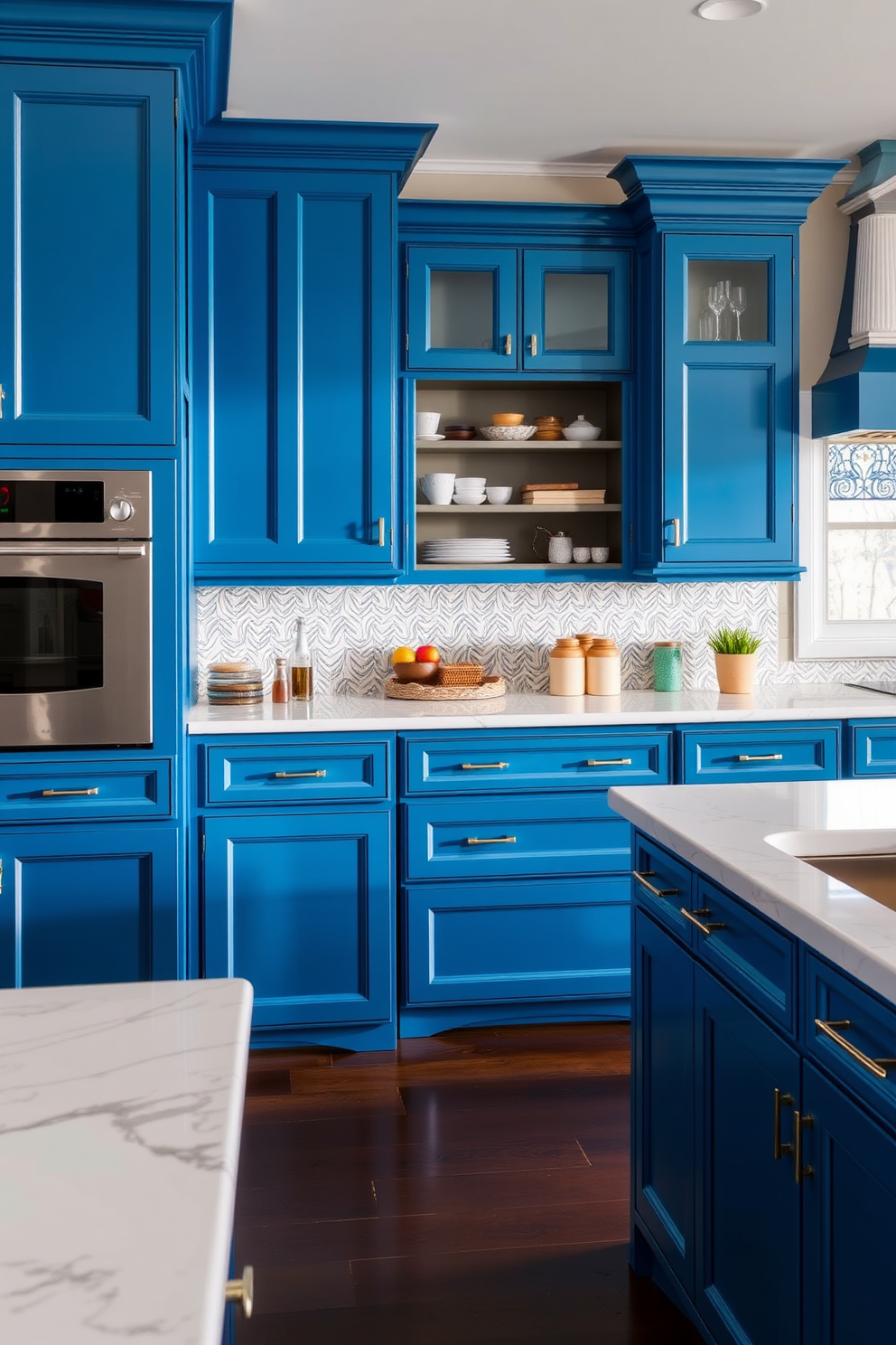 A stylish kitchen featuring dark blue cabinetry complemented by warm wood accents. The cabinets have sleek hardware and are paired with a light-colored countertop that enhances the overall elegance of the space.