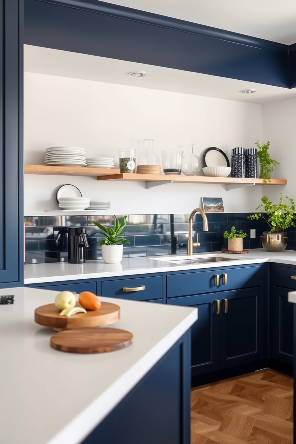 A navy blue kitchen with open shelving creates a stylish and modern atmosphere. The cabinetry features sleek lines, and the open shelves are adorned with decorative dishware and plants.