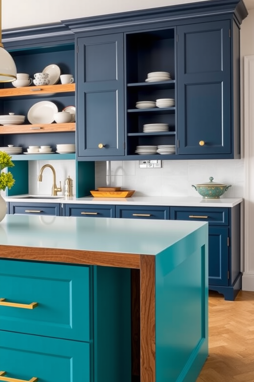 A stunning kitchen featuring a turquoise island that serves as the centerpiece. The island is surrounded by contrasting white cabinetry that provides a bright and airy feel to the space. The backsplash is adorned with delicate white tiles that complement the cabinetry. Natural light floods the room through large windows, highlighting the sleek stainless steel appliances and modern fixtures.