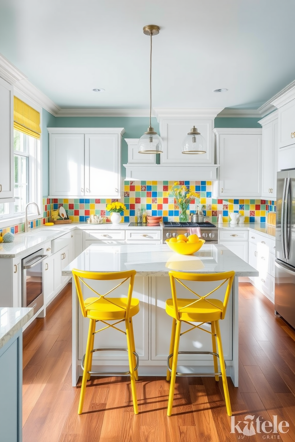 A light blue kitchen with cheerful decor that features white cabinetry and a large island in the center. Bright yellow accents are incorporated through bar stools and decorative items on the countertops. The backsplash is adorned with colorful tiles that add a playful touch to the space. Natural light floods in through large windows, enhancing the inviting atmosphere of the kitchen.