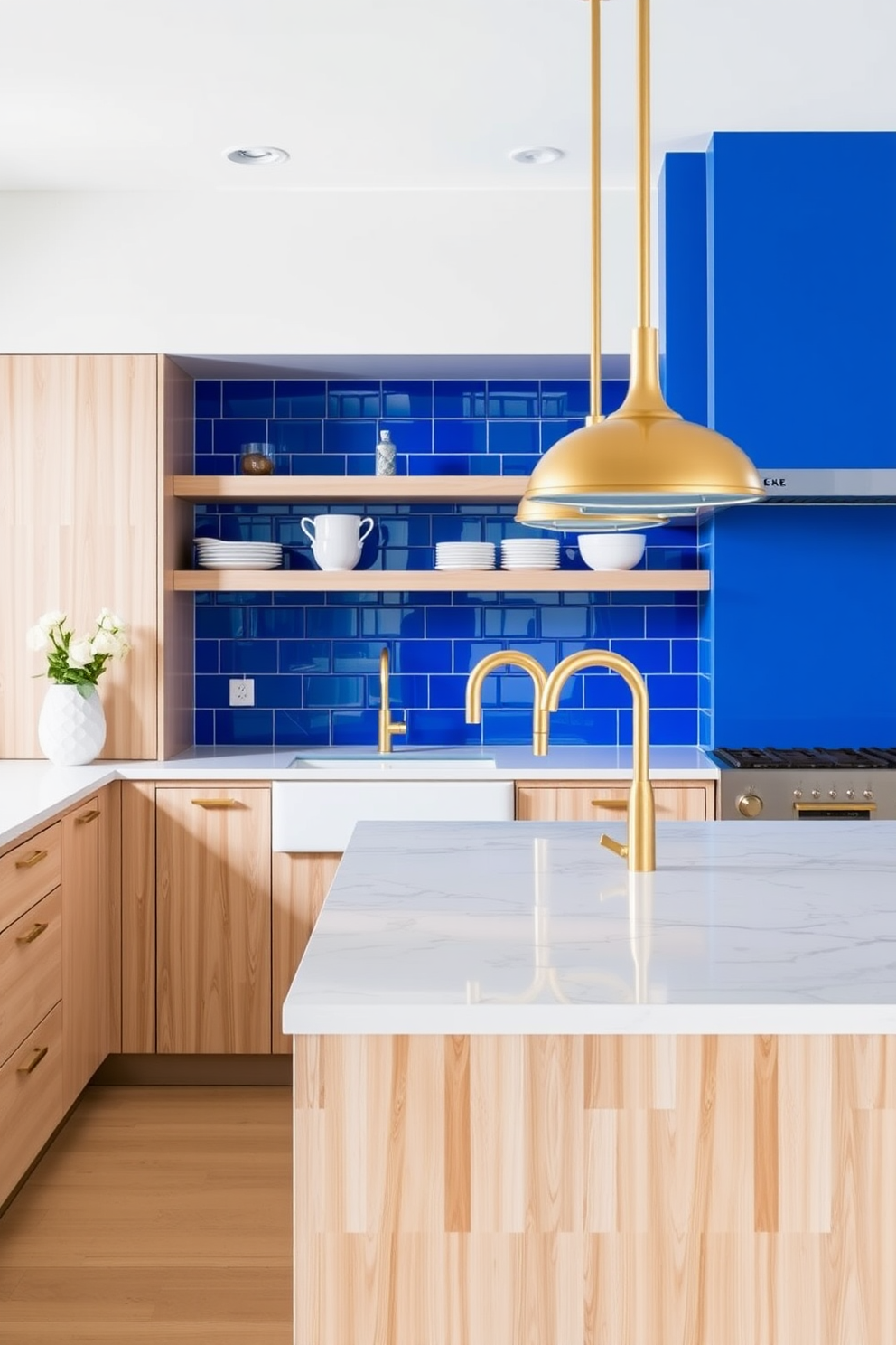 A stunning kitchen featuring a cobalt blue backsplash that adds a vibrant pop of color. The gold fixtures complement the blue beautifully, creating an elegant and modern aesthetic. The kitchen island is adorned with a white marble countertop, providing a striking contrast to the bold backsplash. Sleek cabinetry in a light wood finish enhances the overall warmth and sophistication of the space.