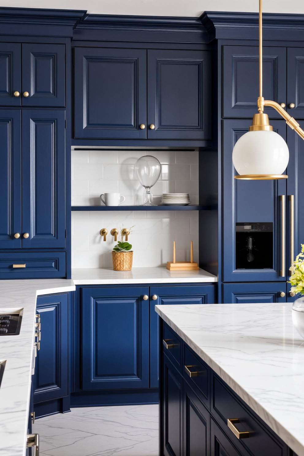 A stunning kitchen featuring deep blue cabinetry that adds a rich and elegant touch to the space. The marble countertops provide a striking contrast, enhancing the overall sophistication of the design.