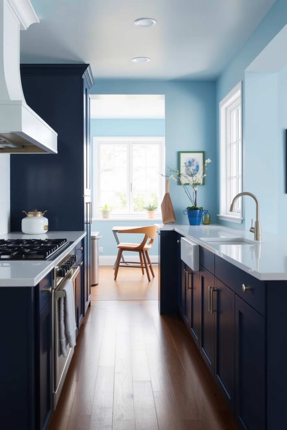 A soft pastel blue kitchen featuring vintage decor accents creates a charming and inviting atmosphere. The cabinetry is painted in a light pastel blue, complemented by antique brass hardware and open shelving displaying vintage dishware. A farmhouse sink sits beneath a window with lace curtains, while a rustic wooden dining table occupies the center of the space. The floor is adorned with classic checkered tiles, and a collection of potted herbs adds a touch of greenery to the countertops.