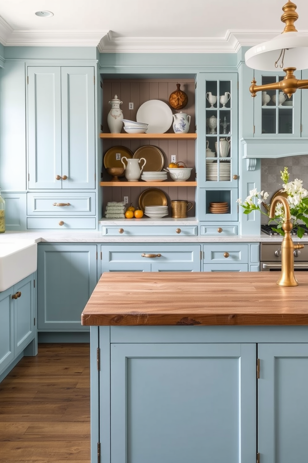 A vintage-inspired kitchen features robin's egg blue cabinets that bring a charming and nostalgic touch to the space. The countertops are adorned with white marble, complementing the soft blue tones and enhancing the overall elegance of the room. The kitchen island is topped with a rustic wooden surface, providing a warm contrast to the cabinetry. Antique brass fixtures and hardware add character, while open shelving displays curated dishware and vintage accessories.