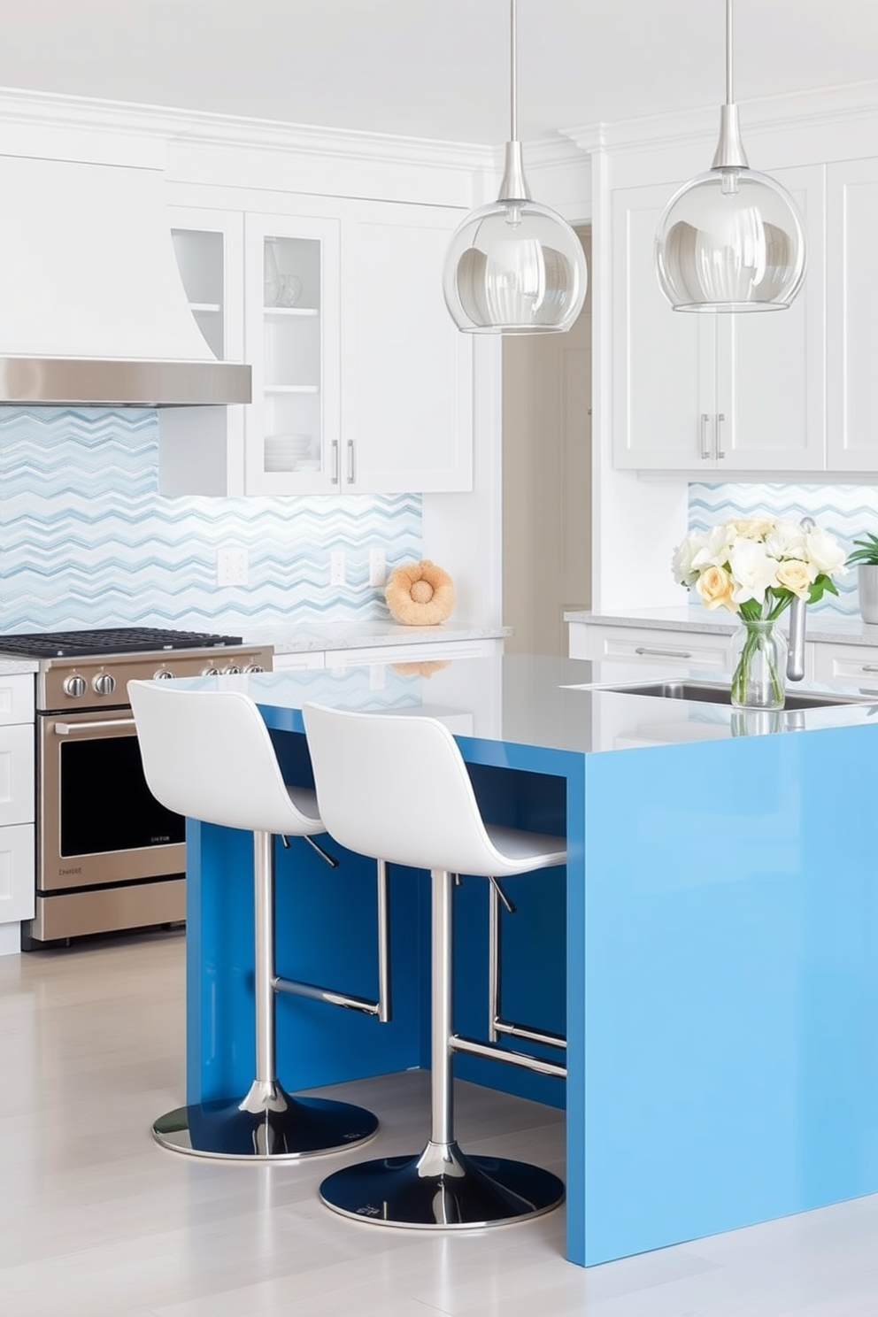 A stunning kitchen featuring an ocean blue island complemented by sleek white bar stools. The cabinetry is a crisp white, and the backsplash showcases a subtle wave pattern in shades of blue and green.