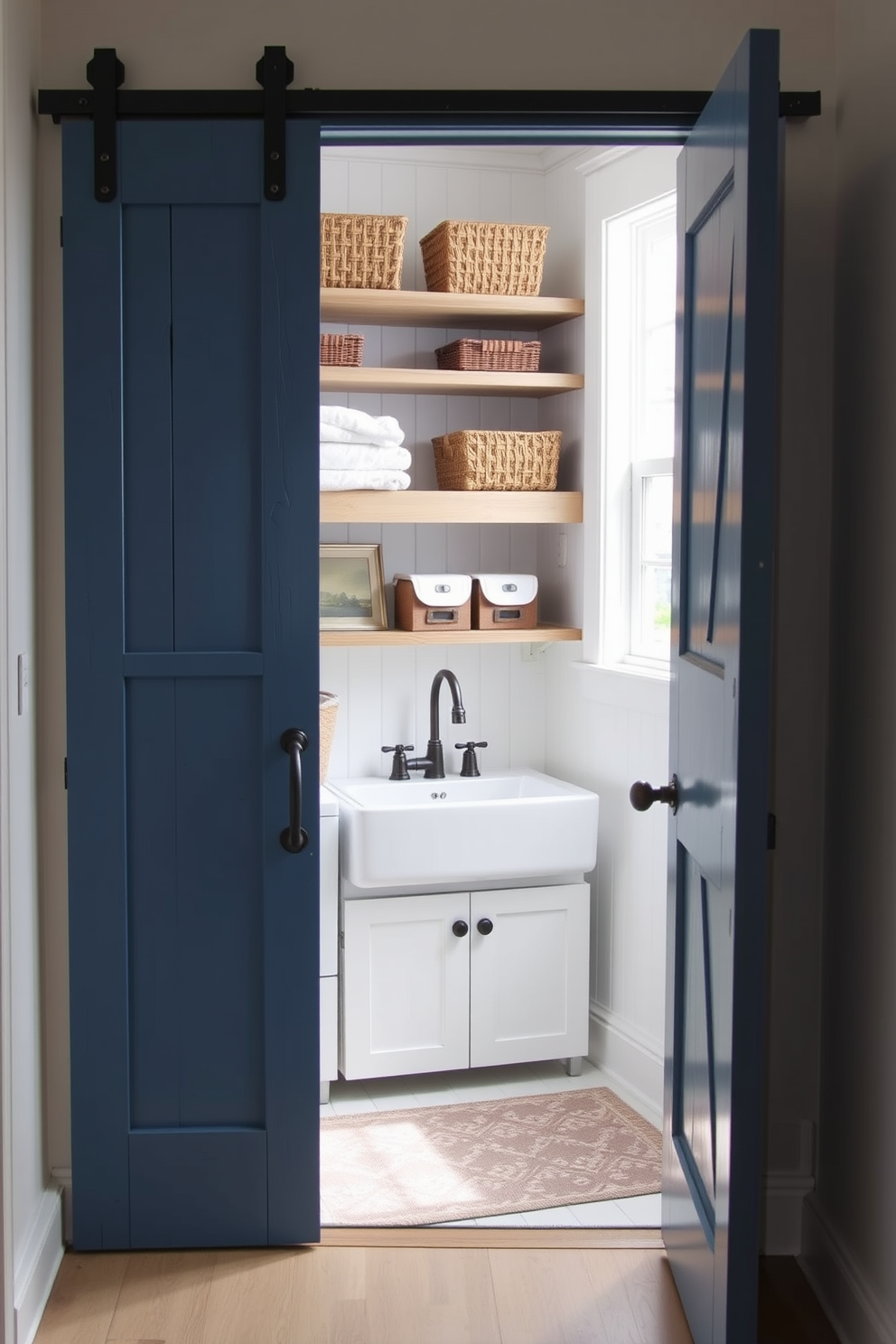 A laundry room featuring deep blue cabinetry that creates a striking contrast against light-colored walls. The space is bright and airy, with ample natural light illuminating the room. The cabinetry is designed with sleek hardware and offers plenty of storage for laundry essentials. A stylish countertop sits above the washer and dryer, providing a functional workspace for folding clothes.