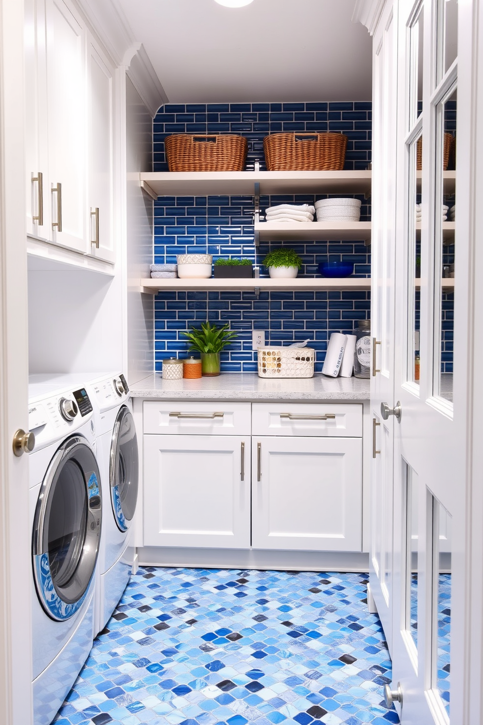 A vibrant laundry room featuring blue mosaic tile flooring that adds a touch of interest and character to the space. The room is equipped with modern appliances, sleek cabinetry, and ample storage solutions to enhance functionality and style.