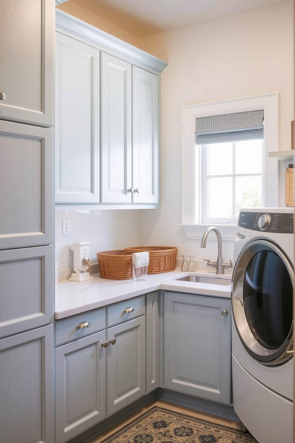 Light denim blue cabinets create a soft and inviting atmosphere in the laundry room. The space features a stylish countertop with baskets for organization and a cheerful window that lets in natural light.