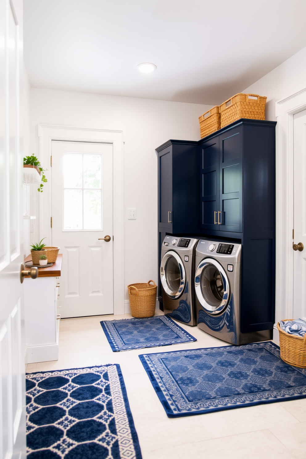 A cozy laundry room featuring patterned blue rugs that add comfort and warmth to the space. The walls are painted in a soft white, and the cabinetry is a rich navy blue, providing a stylish contrast.