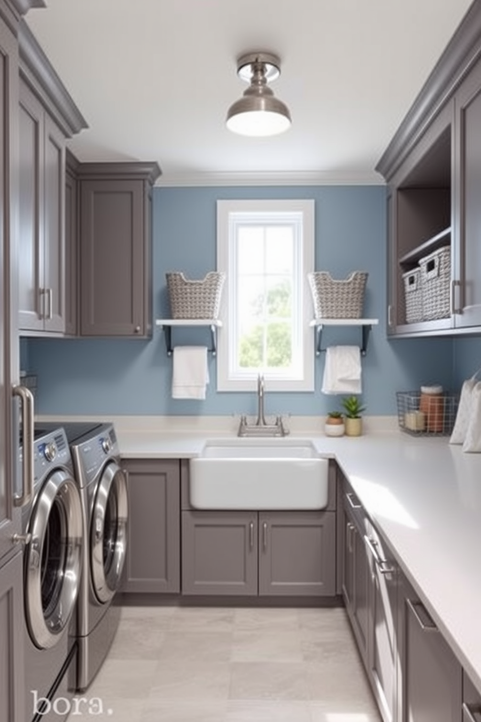 A stunning laundry room featuring a sapphire blue accent wall adorned with contemporary artwork. The space includes sleek white cabinetry and a large farmhouse sink, complemented by a stylish countertop for folding clothes.