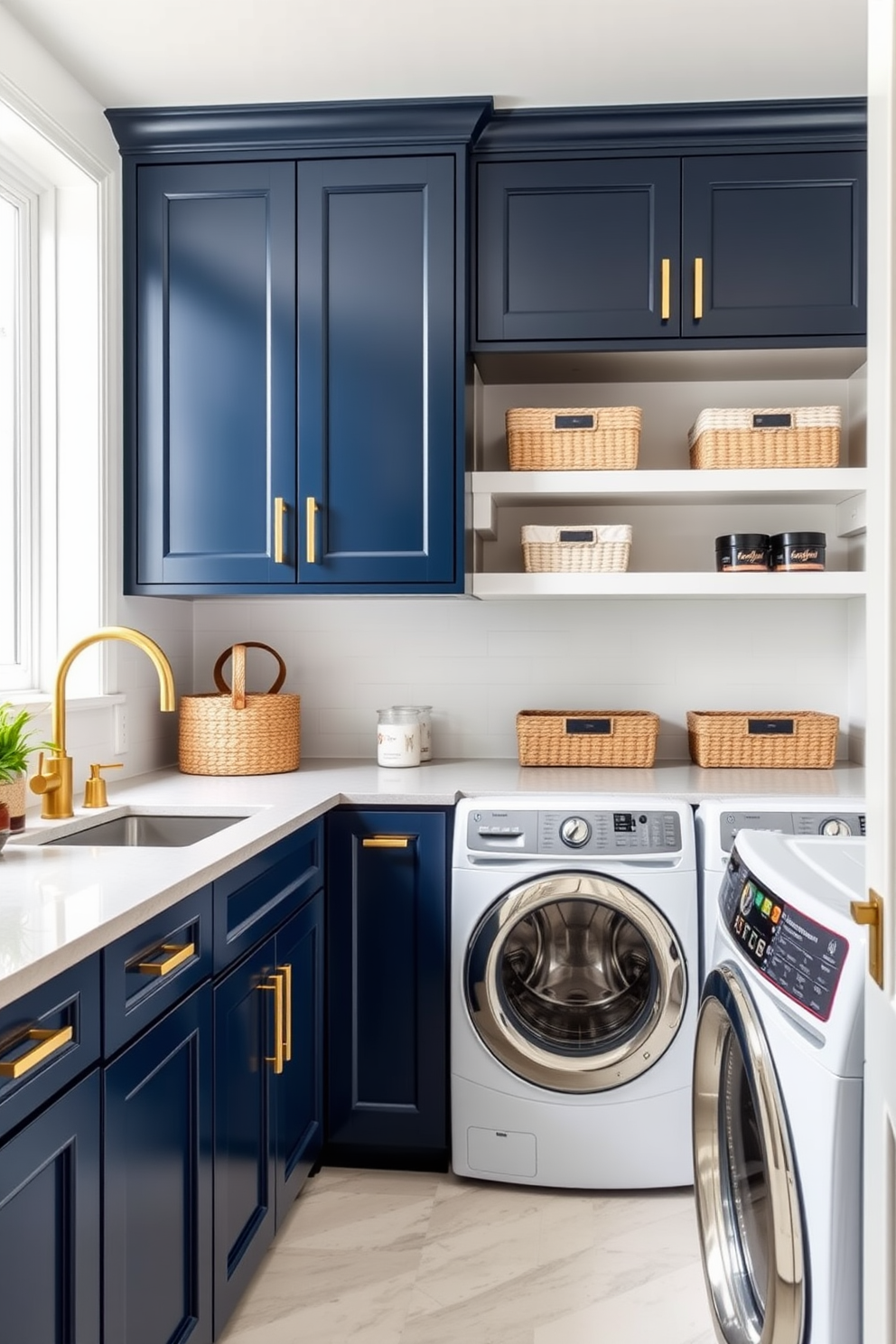 Navy blue cabinets with gold accents create a striking contrast in a modern laundry room. The space features a sleek countertop with a stylish sink and an elegant gold faucet, enhancing the overall sophistication. Bright white walls and ample natural light make the room feel spacious and inviting. Decorative baskets and organized shelves add functionality while maintaining a chic aesthetic.