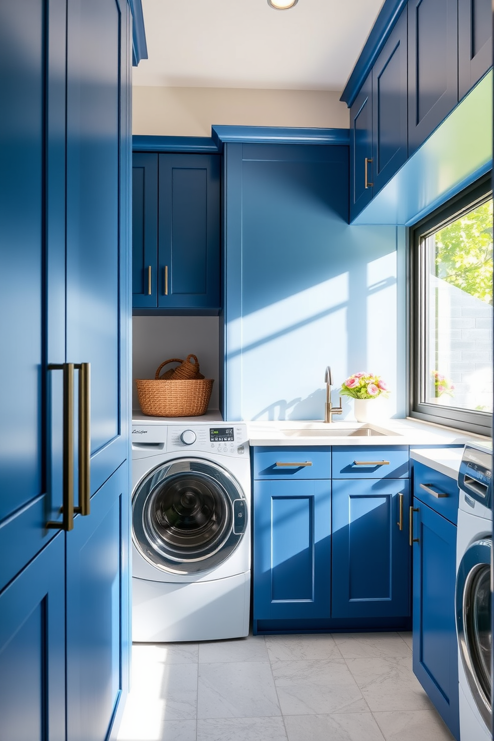 A marine blue laundry room featuring sleek cabinetry and a spacious countertop. The room is illuminated by natural light streaming through a large window, enhancing the modern aesthetic. The walls are painted in a rich marine blue, creating a calming atmosphere. A stylish washing machine and dryer are seamlessly integrated into the cabinetry for a clean look.