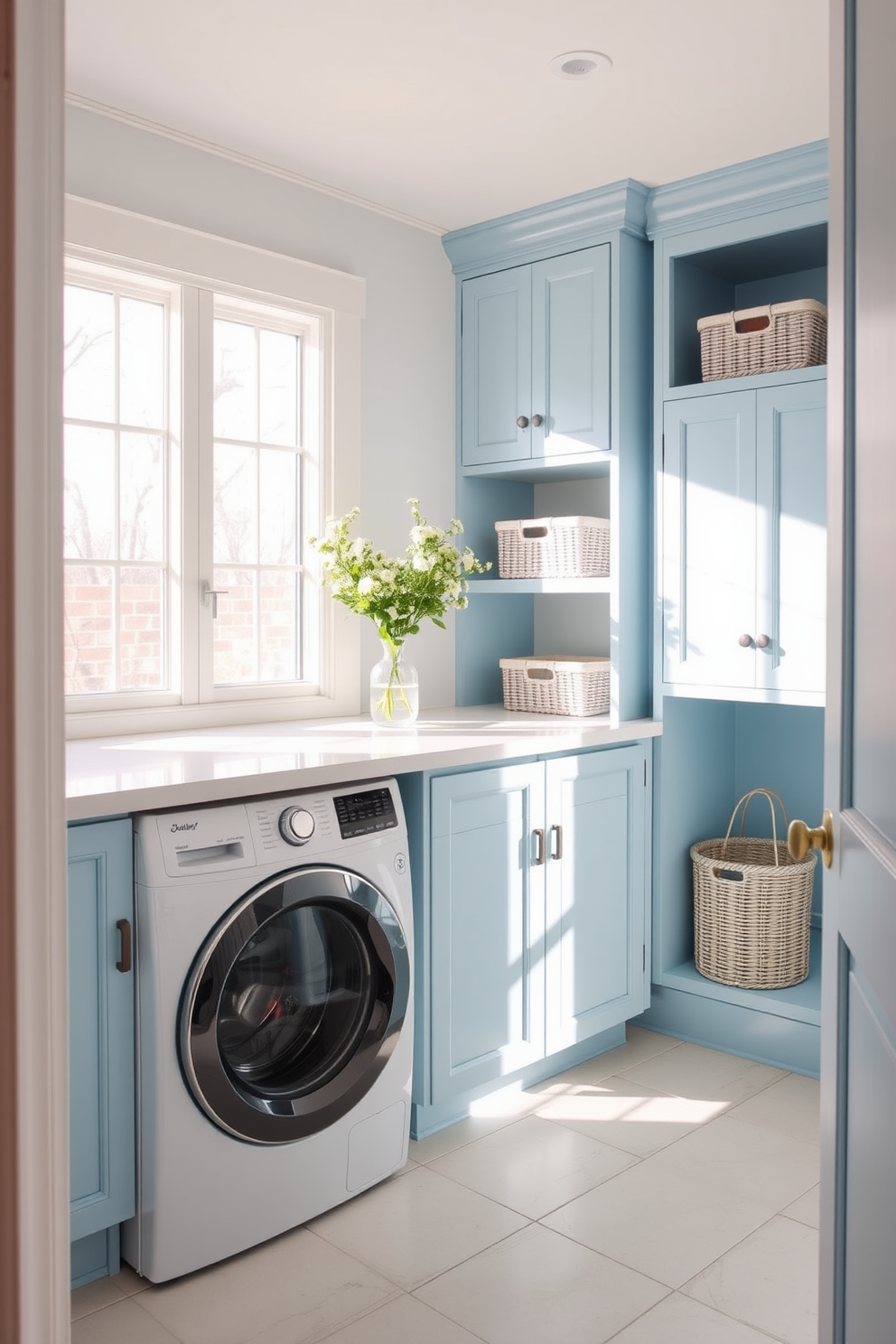 A bright and airy laundry room featuring pastel blue accents throughout the space. Large windows allow ample natural light to flood in, illuminating the soft blue cabinetry and countertops. The room includes a spacious washing machine and dryer set, neatly tucked away under the countertop. Decorative baskets in coordinating pastel shades are placed on open shelves for added storage and style.