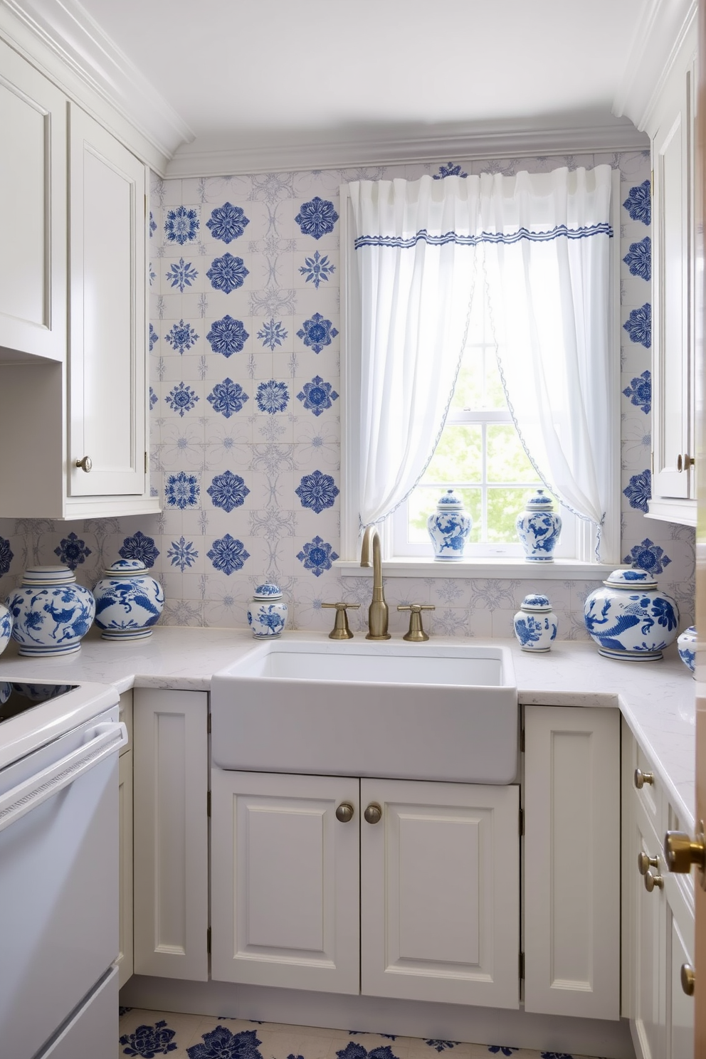 Bright blue storage baskets are neatly arranged on open shelves in a modern laundry room. The walls are painted a crisp white, creating a fresh and airy atmosphere that complements the vibrant color of the baskets. A spacious countertop made of light gray quartz provides ample space for folding laundry. Stylish wall hooks are installed nearby to hang freshly laundered clothes, adding functionality and charm to the design.