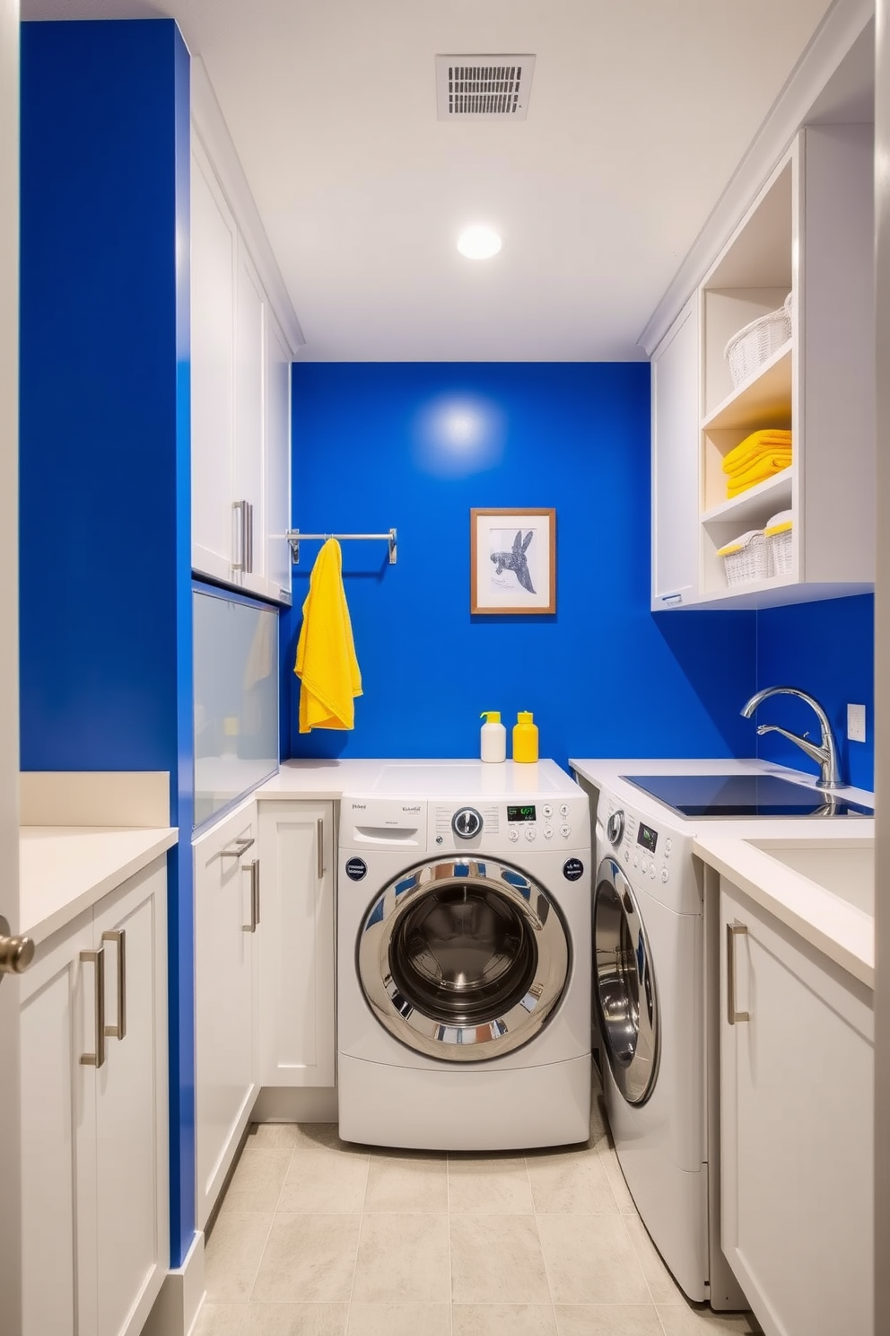 A bright and airy laundry room features ceramic blue floor tiles that add a refreshing touch to the space. The walls are painted in a soft white, creating a clean backdrop for the stylish blue cabinetry and modern appliances. Natural light floods the room through a large window, enhancing the vibrant blue tones of the tiles. A spacious countertop made of light wood provides ample space for folding laundry, while decorative baskets add both function and charm.