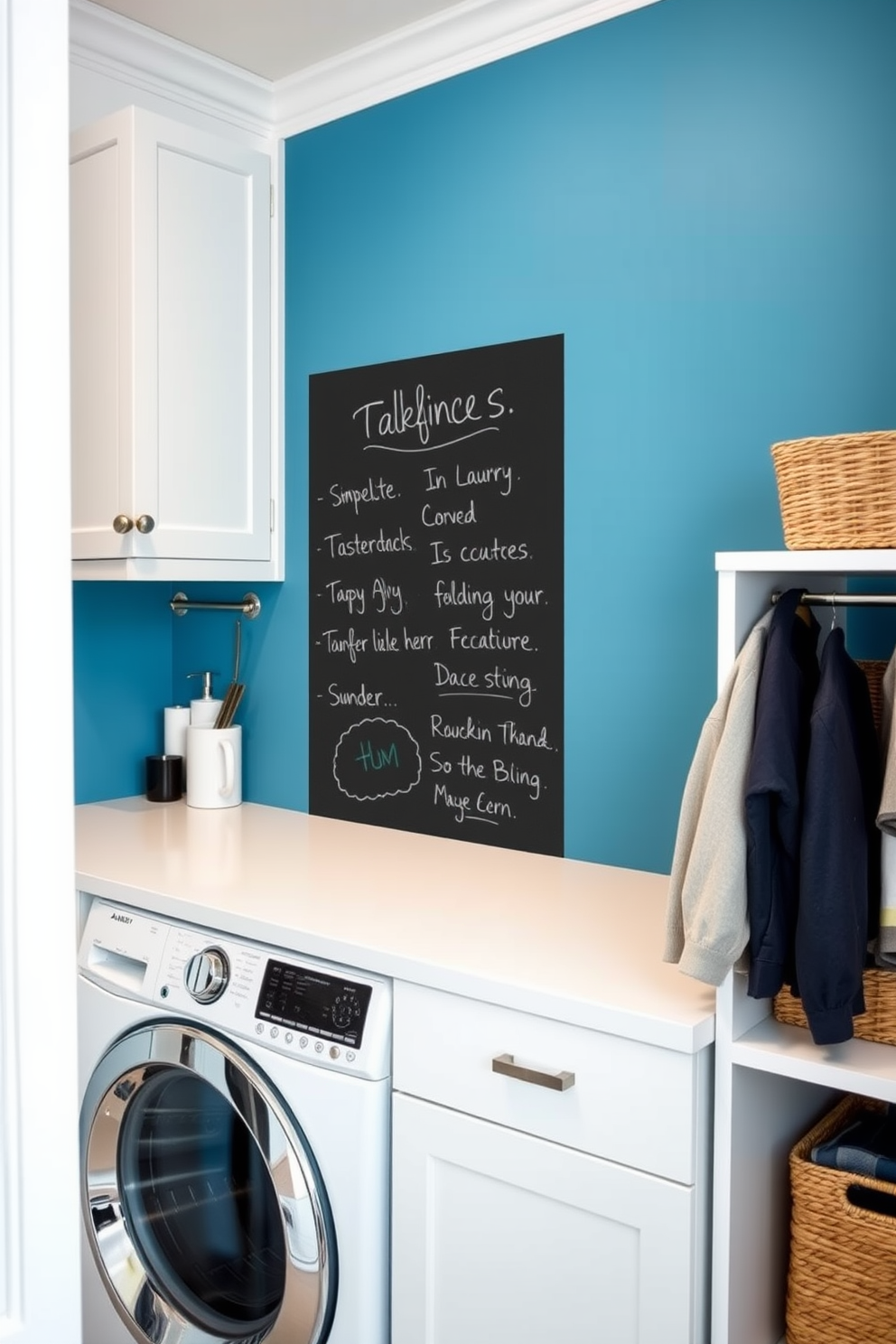 Crisp blue and white color contrast defines this stylish laundry room. The walls are painted a soft blue, while the cabinetry features a bright white finish, creating a fresh and inviting atmosphere. A spacious countertop in white quartz runs along one side, providing ample space for folding laundry. Below, deep blue cabinets offer plenty of storage, complemented by sleek silver hardware for a modern touch.