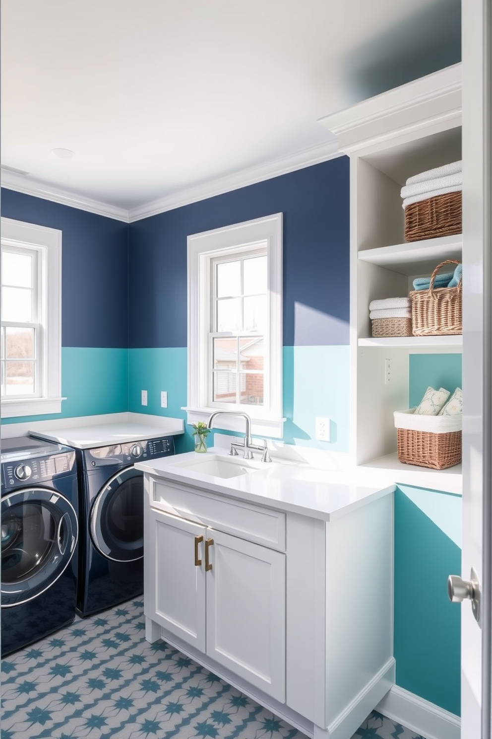 A serene laundry room featuring sky blue curtains that gently filter natural light. The space is complemented by white cabinetry and a sleek countertop, creating an inviting and functional atmosphere.