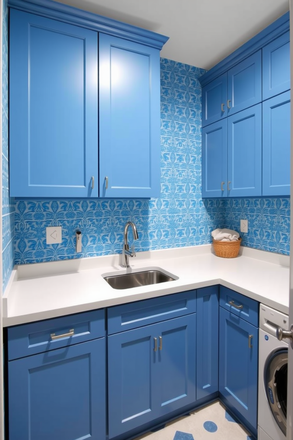 A vibrant laundry room featuring blue patterned wallpaper that adds a playful element to the space. The room includes a sleek white countertop with a built-in sink and ample storage cabinets painted in a matching blue hue.