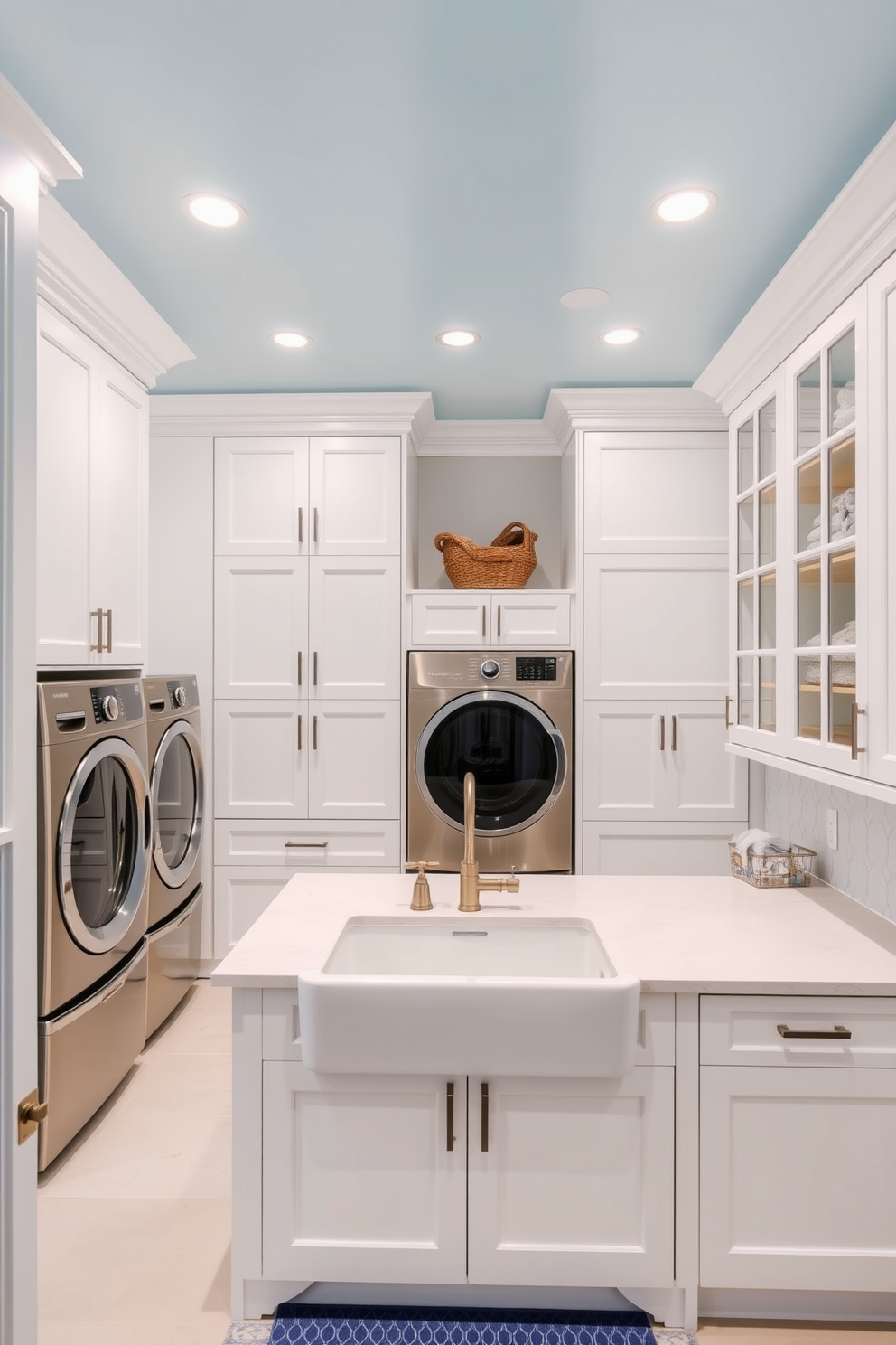 A light blue ceiling creates an airy and spacious ambiance in the laundry room. The design features custom cabinetry in a crisp white finish, complemented by sleek stainless steel appliances. The walls are adorned with a subtle geometric pattern that adds texture without overwhelming the space. A large farmhouse sink with a brushed nickel faucet sits centrally, surrounded by ample countertop space for folding laundry.