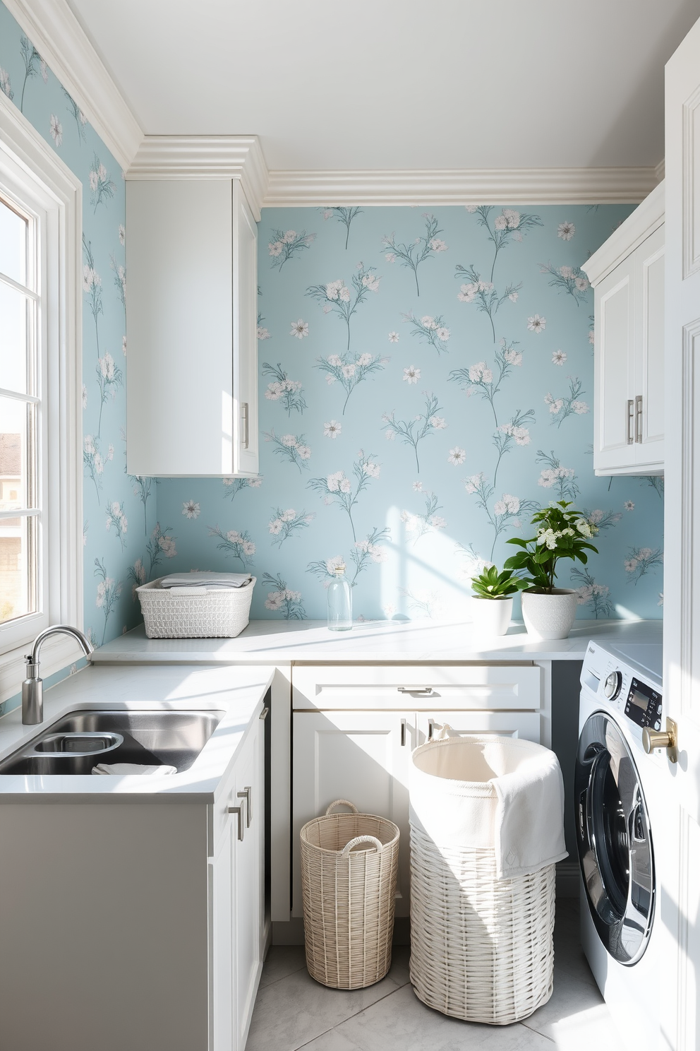 A serene laundry room featuring sky blue wallpaper adorned with delicate floral patterns. The space is brightened by natural light streaming through a large window, highlighting the cheerful ambiance. Incorporated into the design are sleek white cabinetry and a spacious countertop for folding clothes. A stylish laundry basket and potted plants add a touch of warmth and functionality to the room.