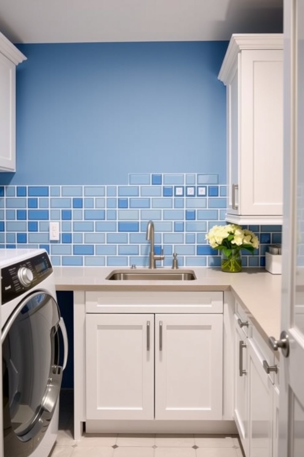 A denim inspired laundry room features deep blue cabinetry that mimics the texture of denim fabric. The countertops are a light gray quartz, providing a modern contrast to the rich blue tones. Stylish open shelving displays neatly folded towels and laundry essentials, adding both functionality and charm. A vintage-style washing machine sits prominently, surrounded by playful denim-themed decor elements.