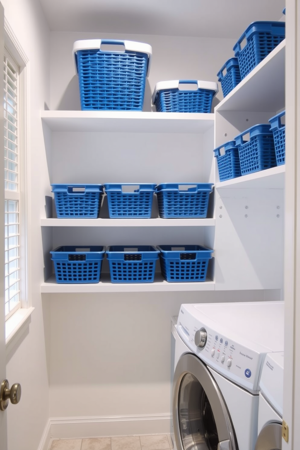 A bright and airy laundry room features open shelving adorned with neatly arranged blue baskets. The walls are painted in a soft white, creating a clean backdrop that enhances the vibrant color of the baskets.