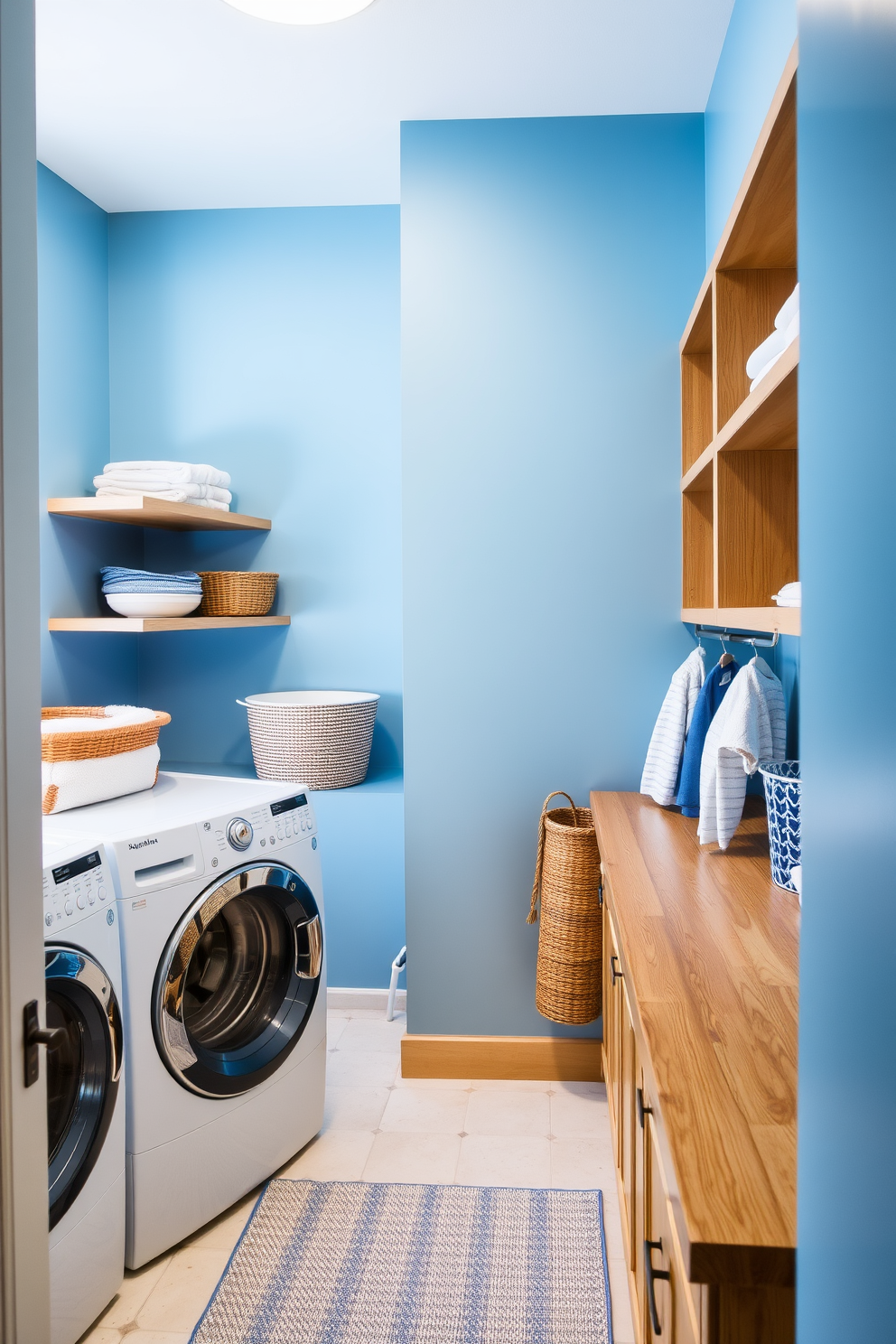 A serene laundry room featuring soft blue paint on the walls that creates a calming atmosphere. The space is enhanced with natural wood accents, including open shelving and a wooden countertop for folding clothes.