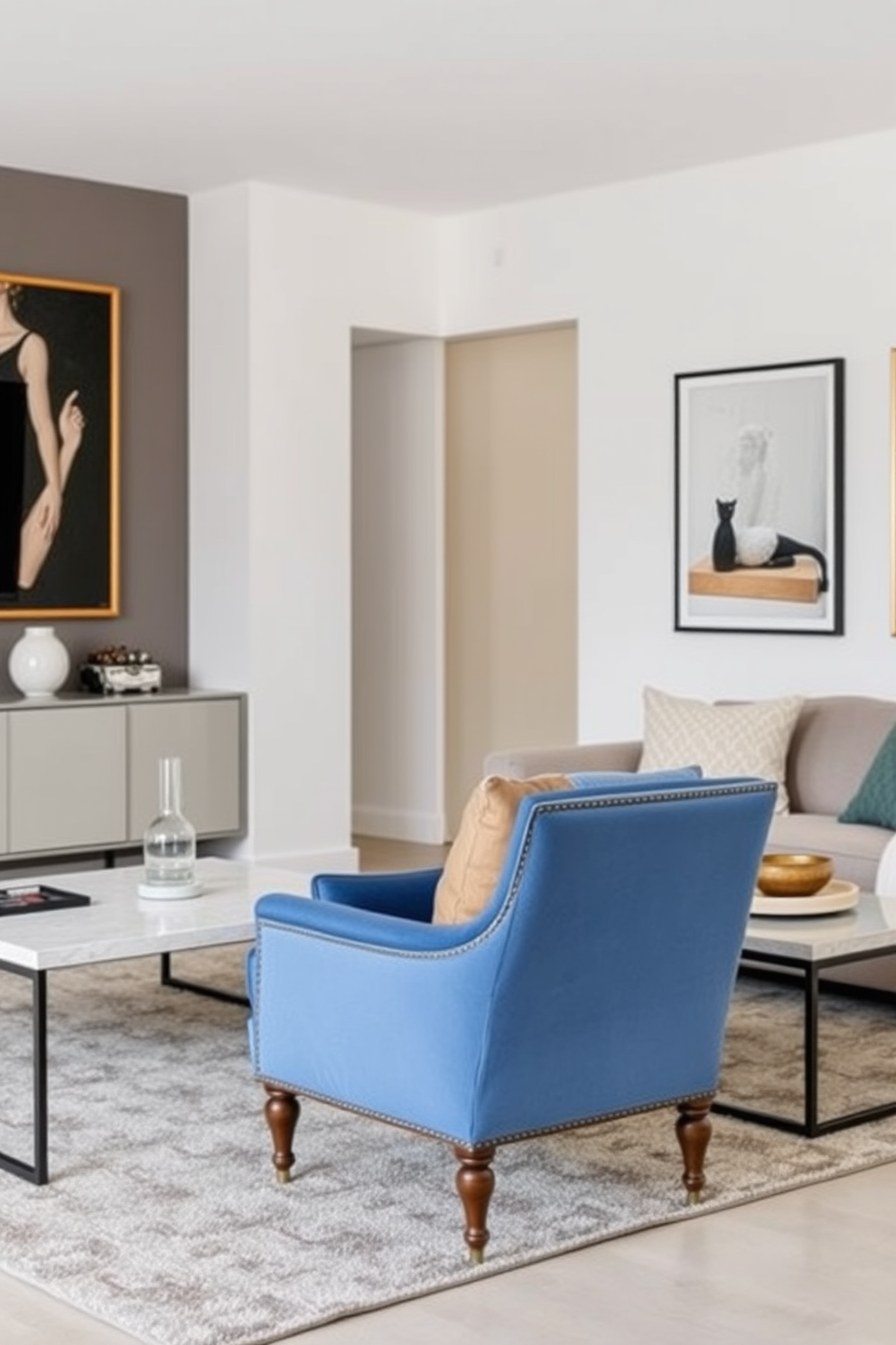 A vintage blue armchair is positioned in a stylish living room featuring modern decor elements. The room includes a sleek coffee table and contemporary artwork adorning the walls, creating a harmonious blend of classic and modern aesthetics.