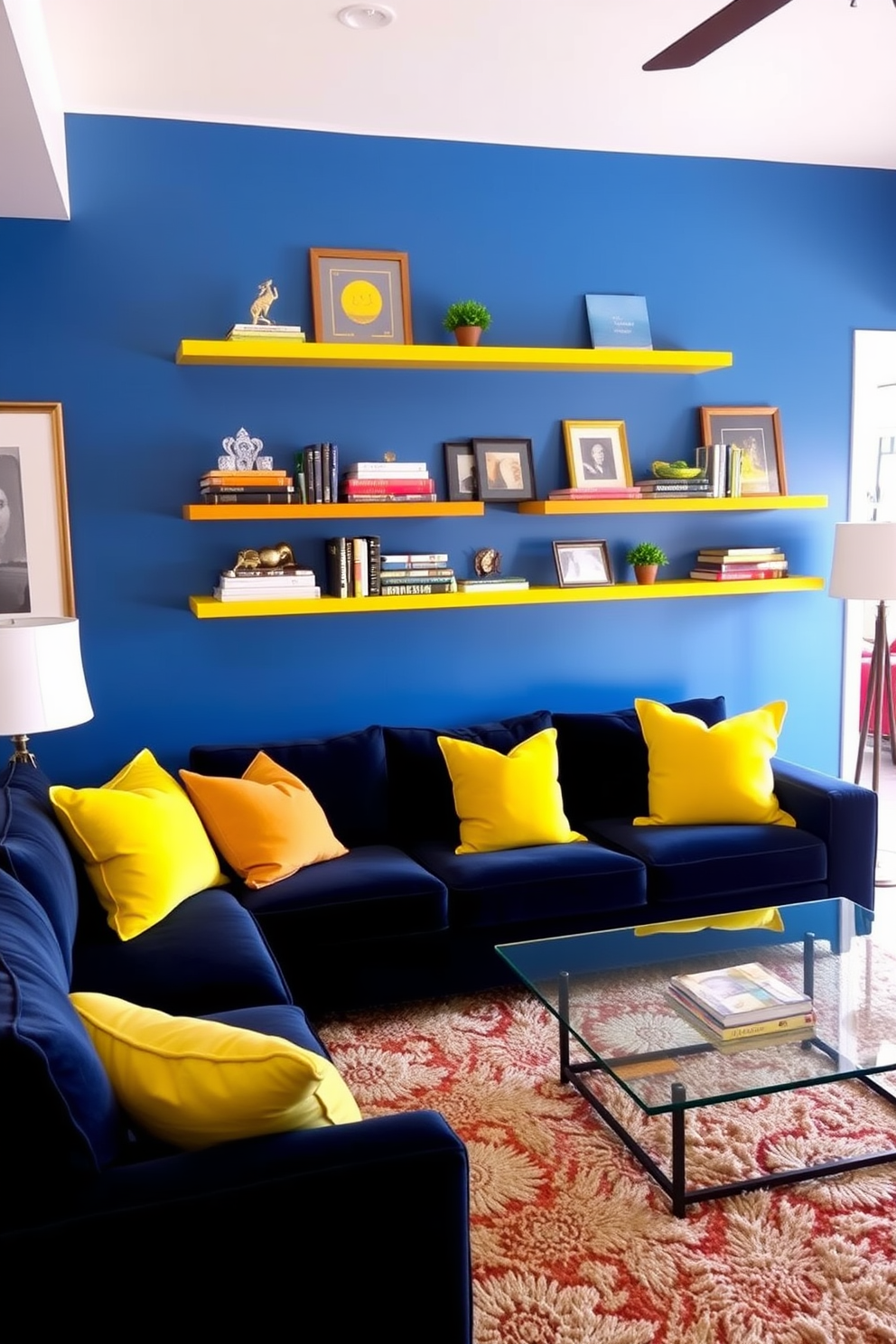 A bold blue accent wall serves as the focal point of the living room, creating an inviting and vibrant atmosphere. Stylish floating shelves are mounted on the wall, showcasing a curated collection of books and decorative items. The furniture features a plush navy sofa complemented by bright yellow throw pillows, adding a cheerful contrast. A sleek glass coffee table sits in the center, surrounded by a cozy area rug that ties the color scheme together.