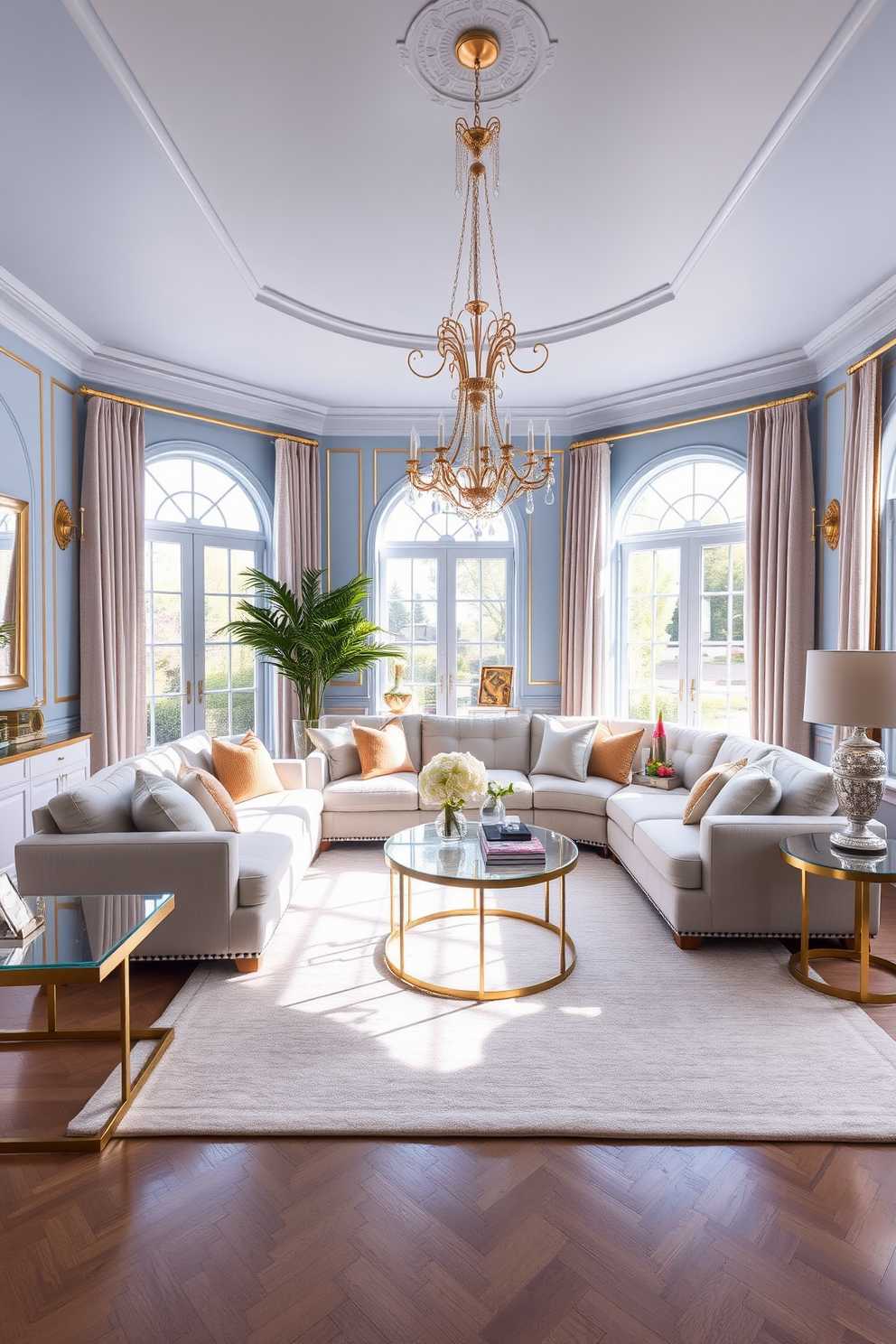 A serene living room featuring soft pastel blue walls adorned with elegant gold accents. The space includes a plush sectional sofa in a light fabric, complemented by gold-trimmed coffee tables and decorative cushions. Natural light floods the room through large windows, highlighting a chic area rug that ties the color scheme together. A statement chandelier with gold detailing hangs gracefully from the ceiling, adding a touch of luxury to the atmosphere.