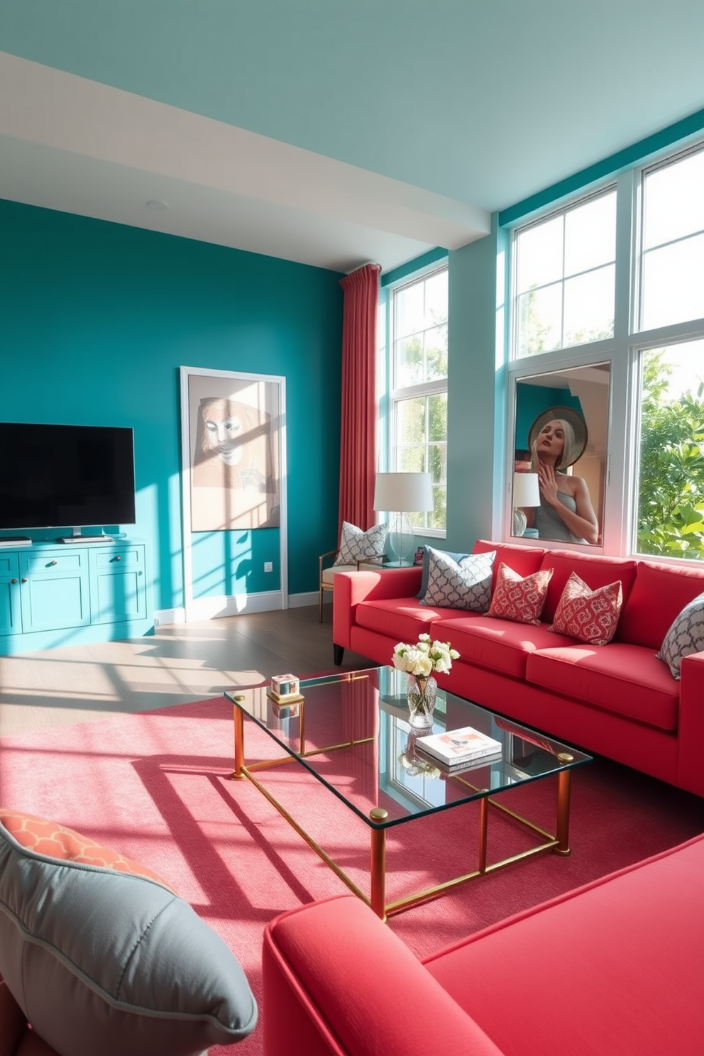 A vibrant blue living room features a plush navy sofa adorned with yellow accent pillows. The walls are painted in a soft sky blue, while a large abstract painting with bold yellow hues acts as a focal point above the fireplace. In one corner, a yellow armchair complements the blue sofa, creating a cozy reading nook. A stylish coffee table in a light wood finish sits atop a textured area rug, adding warmth to the space.