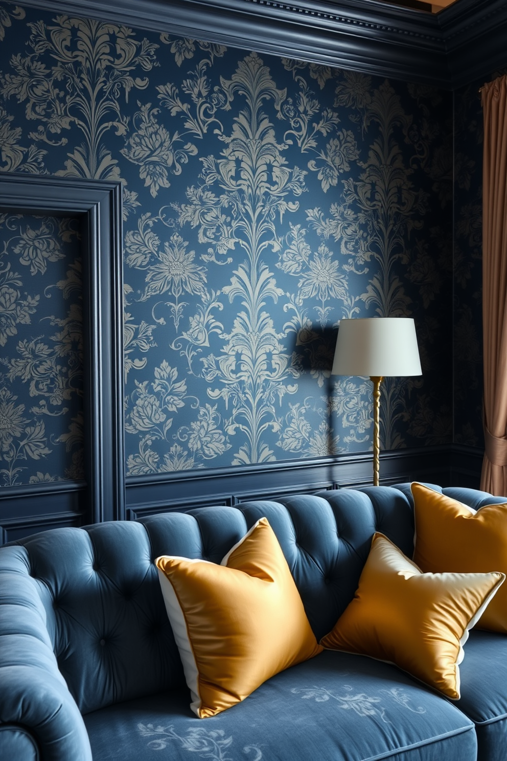 A luxurious living room adorned with deep blue wallpaper featuring intricate floral patterns. The space is complemented by a plush velvet sofa in a lighter shade of blue, accented with gold and white throw pillows.