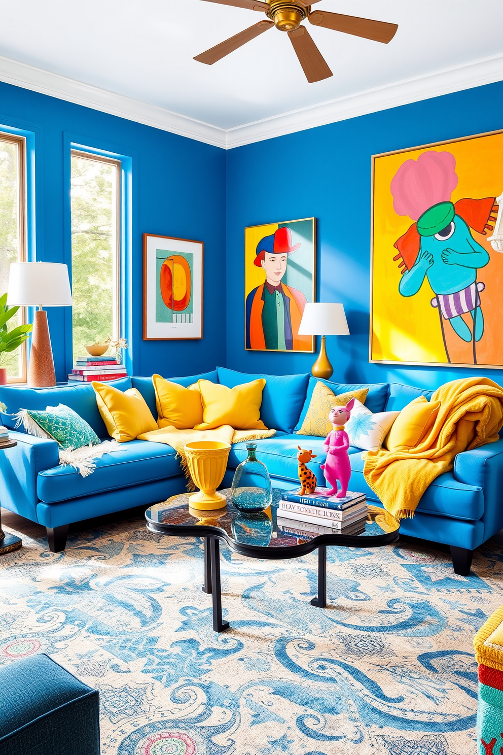 A cozy living room featuring mid-century blue furniture that creates a retro feel. The space is adorned with a plush blue sofa, complemented by a sleek wooden coffee table and vibrant patterned throw pillows. The walls are painted in a warm neutral tone, enhancing the inviting atmosphere. A vintage rug with geometric designs anchors the seating area, while bold artwork adds character to the decor.