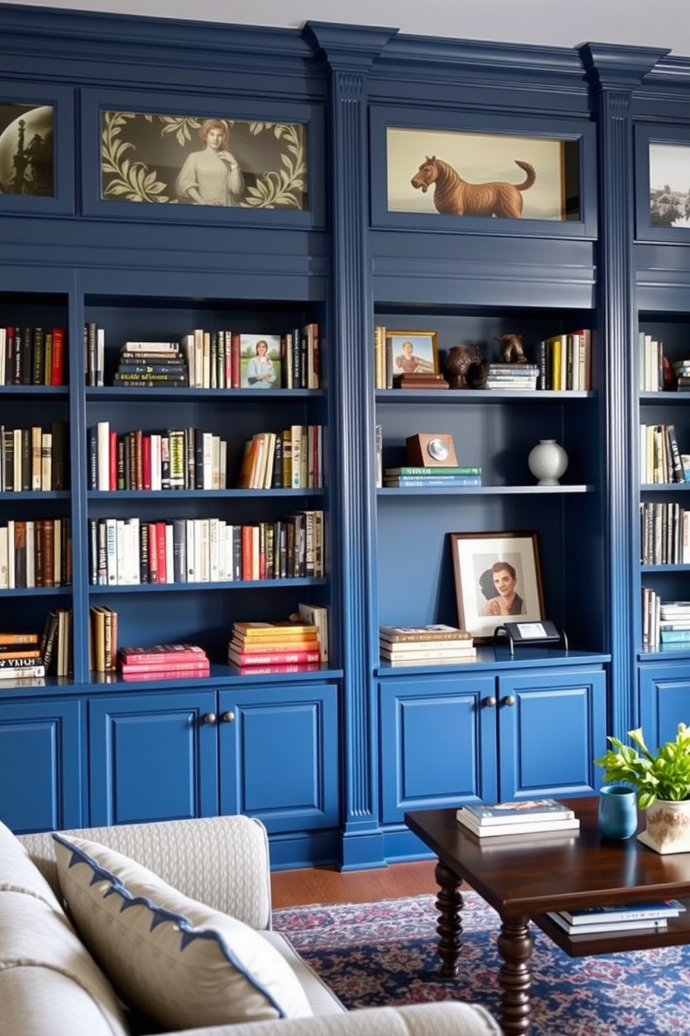 A cozy blue living room featuring dark blue cabinetry built into the walls. The shelves are filled with books and decorative items, creating an inviting atmosphere.