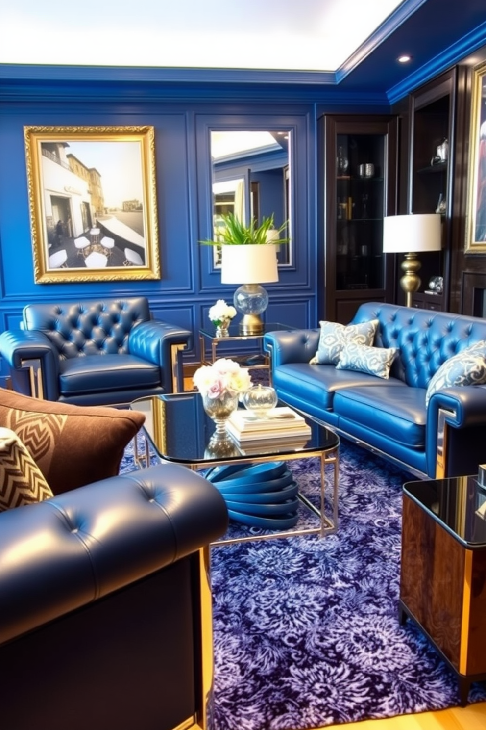 A chic living room featuring navy blue walls adorned with gold decorative accents. The space includes a plush navy blue sofa with gold throw pillows, complemented by a sleek gold coffee table at the center. Large windows allow natural light to flood the room, showcasing a stylish area rug with a subtle geometric pattern. A gallery wall displays framed art pieces with hints of gold, creating a cohesive and inviting atmosphere.