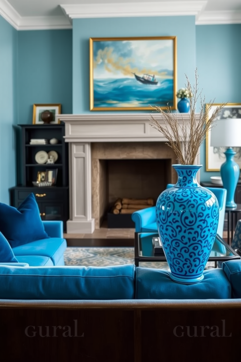 A bright blue decorative vase sits elegantly on the mantle, adding a pop of color to the room. The living room features a harmonious blend of blue tones with plush seating and artistic accents, creating a serene yet vibrant atmosphere.