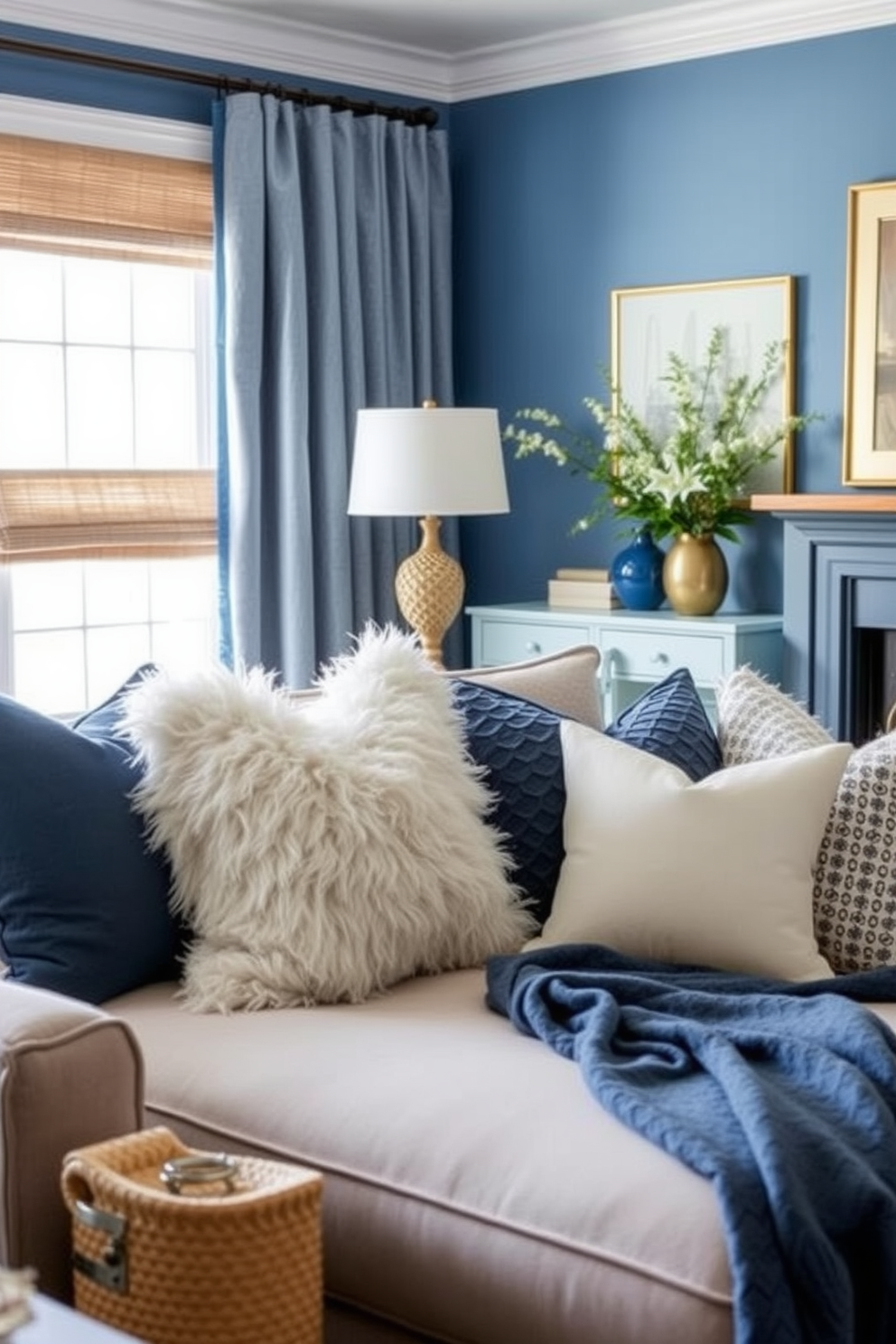 A serene blue living room features a plush beige sectional sofa adorned with patterned throw pillows. The walls are painted in a soft blue hue, complemented by elegant beige curtains that drape gracefully by the large windows. A sleek coffee table in a light wood finish sits at the center, surrounded by a cozy area rug that ties the color scheme together. Decorative elements include a series of abstract art pieces in shades of blue and beige, enhancing the overall aesthetic of tranquility and sophistication.