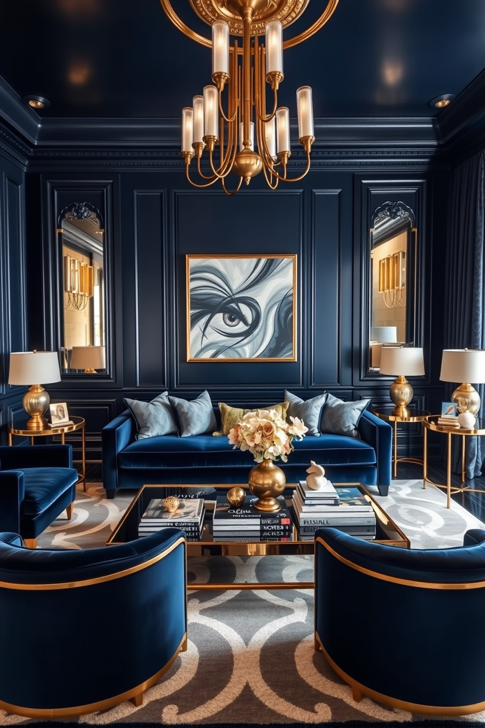 A luxurious Art Deco living room featuring rich navy walls adorned with gold accents. The space includes a plush velvet sofa in deep navy, complemented by gold-framed art deco-inspired side tables and a geometric area rug. Elegant lighting fixtures with gold finishes hang from the ceiling, casting a warm glow over the room. A statement coffee table in the center showcases a collection of art books and decorative objects, enhancing the sophisticated atmosphere.