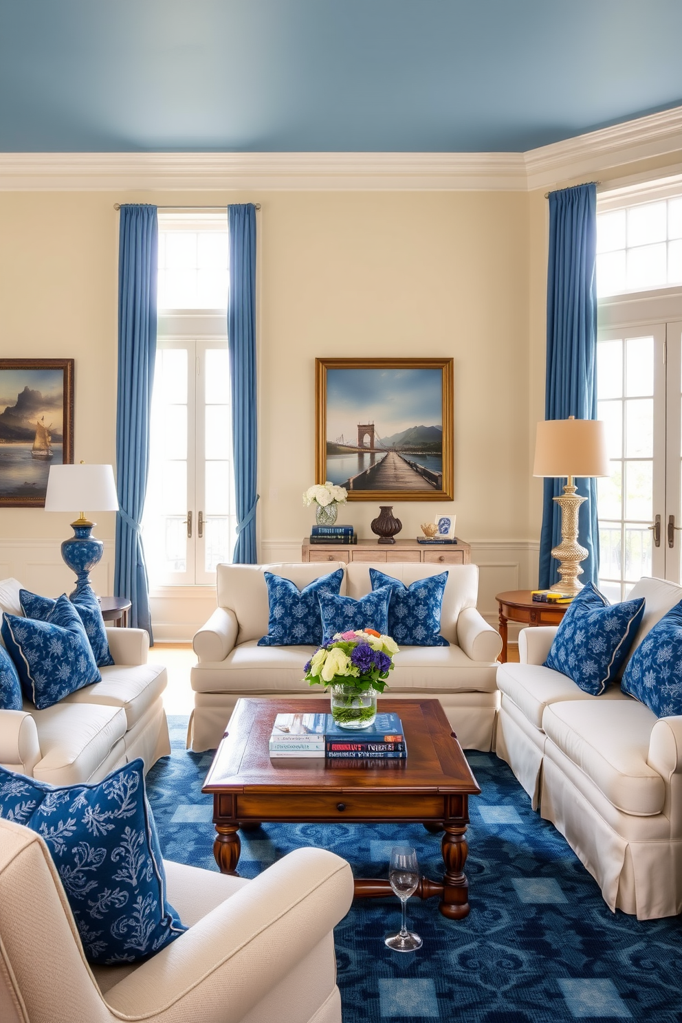 A classic blue and cream color scheme defines the living room, featuring a plush cream sofa adorned with blue patterned throw pillows. The walls are painted in a soft cream hue, while blue accents can be found in the artwork and decorative items throughout the space. A vintage wooden coffee table sits in the center, complemented by a blue area rug that adds warmth to the room. Large windows allow natural light to flood in, highlighting the elegant blue curtains that frame the view.