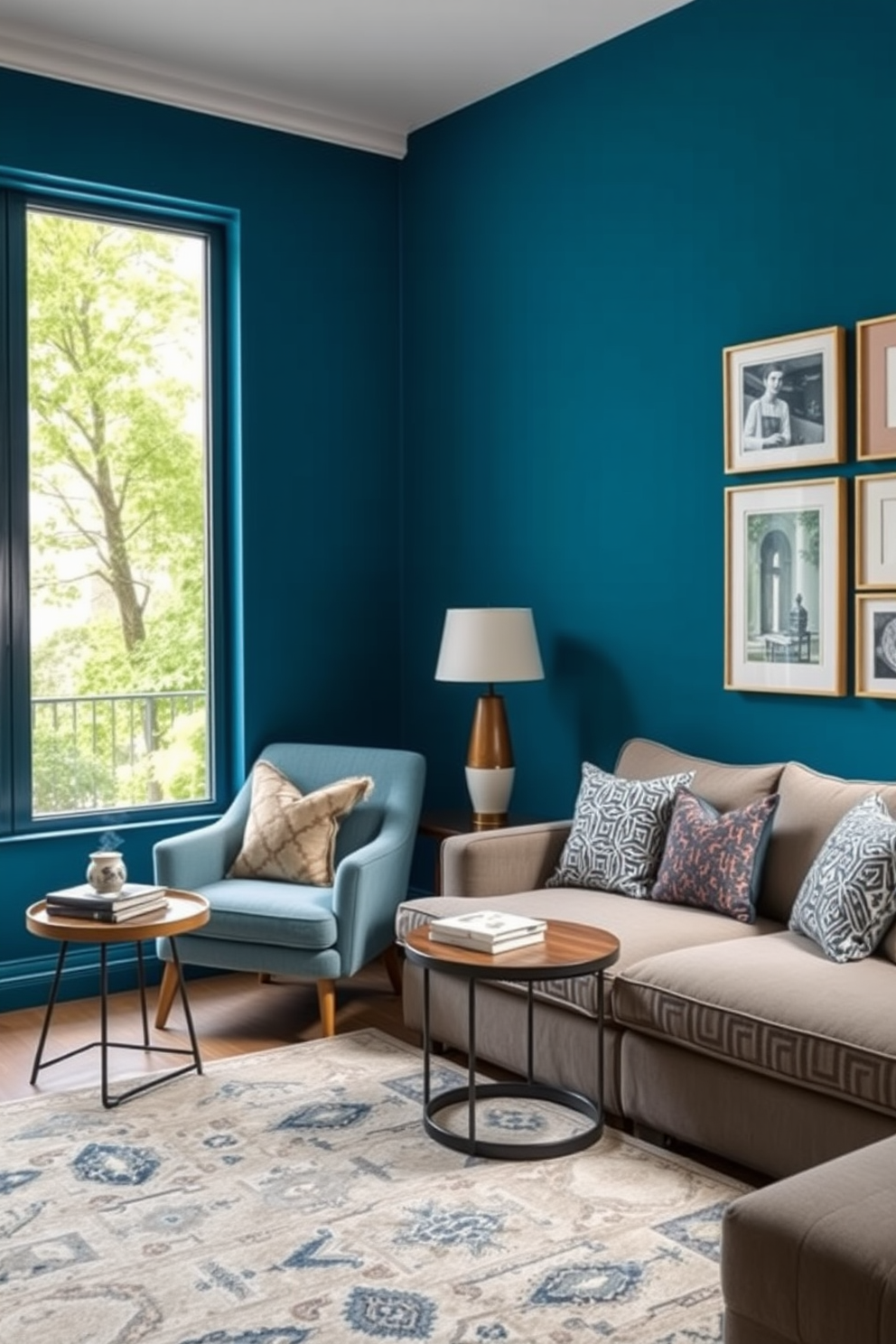 A cozy reading nook features a soft blue accent chair positioned beside a floor-to-ceiling window that allows natural light to flood the space. A small wooden side table holds a stack of books and a steaming cup of tea, creating an inviting atmosphere for relaxation. The blue living room design incorporates a plush sectional sofa adorned with a mix of patterned throw pillows. A large area rug anchors the space, while a gallery wall of framed art adds a personal touch and visual interest.