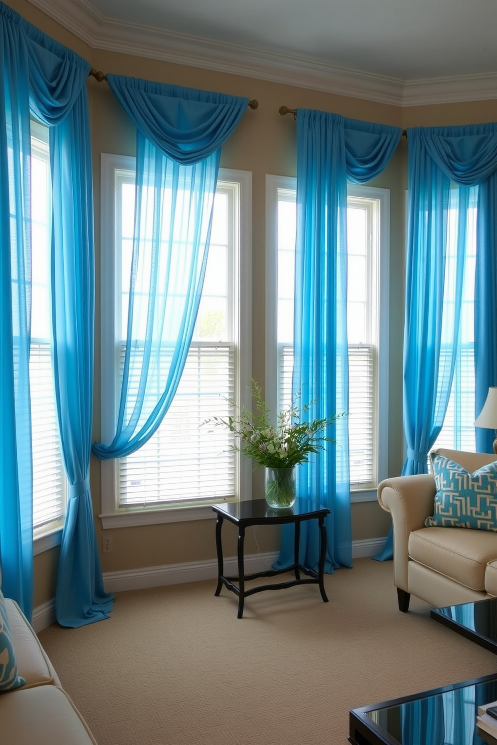 A bright and airy living room featuring sky blue curtains that elegantly frame the large windows. The sheer drapes allow natural light to filter in, creating a soft and inviting atmosphere. The space is adorned with plush blue sofas and accent pillows that complement the curtain color. A stylish coffee table sits in the center, surrounded by tasteful decor and greenery for a fresh touch.