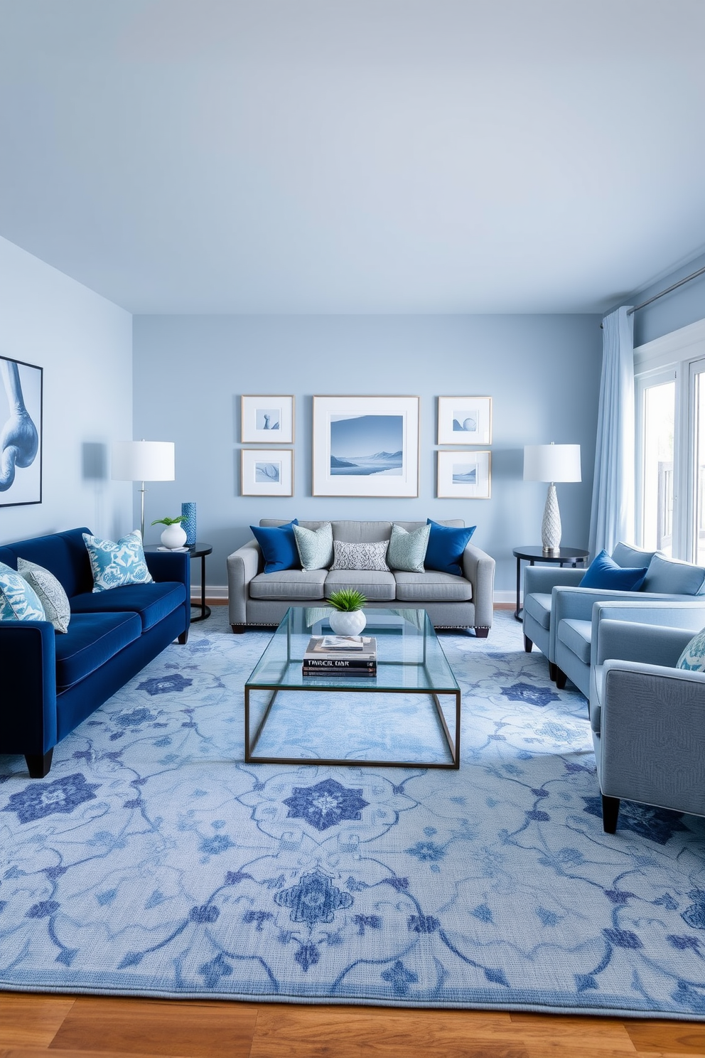 A serene living room featuring a monochromatic blue palette with varying shades. The walls are painted in a soft sky blue, while the furniture includes a deep navy sofa and light blue accent chairs. A large area rug in a subtle blue pattern anchors the space, providing warmth and texture. Decorative pillows in different shades of blue add depth, and a sleek glass coffee table sits at the center, showcasing a few art books and a small plant.