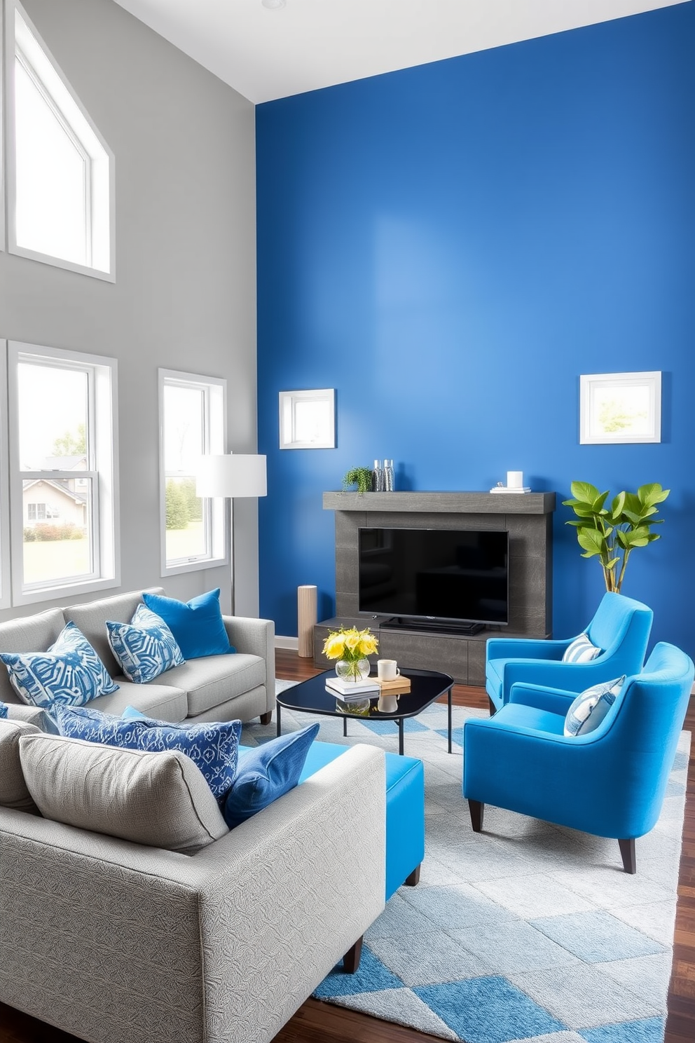 A modern living room featuring a blue and gray color block design. The walls are painted in a soft gray, while one accent wall showcases a bold blue hue. The furniture includes a plush gray sofa paired with vibrant blue accent chairs. A geometric area rug in complementary colors ties the space together, and large windows allow natural light to fill the room.