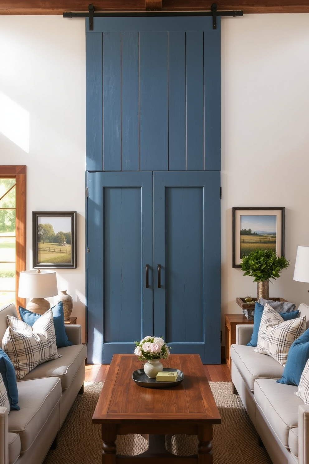 A rustic blue barn door serves as the focal point of the room, adding charm and character to the space. Surrounding the door, the living room features cozy seating arrangements with soft blue and beige cushions, complemented by a warm wooden coffee table. Natural light floods the area through large windows, enhancing the inviting atmosphere. The walls are adorned with framed artwork that reflects a serene countryside theme, creating a harmonious blend with the rustic elements.