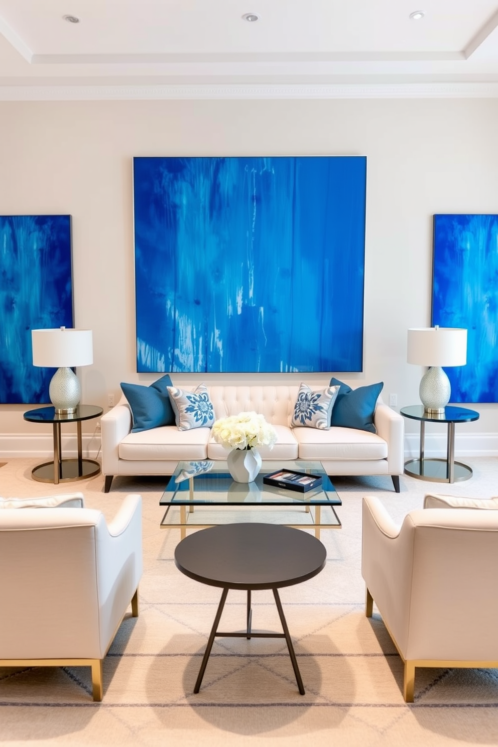 A vibrant blue living room featuring a cyan blue area rug that adds a striking contrast to the space. The walls are painted in a soft neutral tone, and plush seating arrangements are complemented by colorful throw pillows.