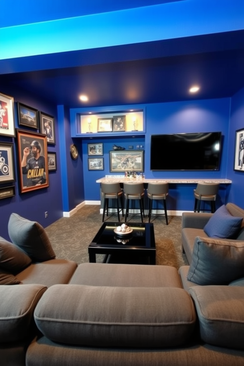 A stylish man cave featuring blue accent walls that create a dramatic atmosphere. The space includes a plush sectional sofa in a rich gray fabric, complemented by a sleek black coffee table and a large flat-screen TV mounted on the wall. In one corner, a custom-built bar with high stools invites socializing, while framed sports memorabilia decorates the walls. Soft ambient lighting enhances the mood, making it the perfect retreat for relaxation and entertainment.